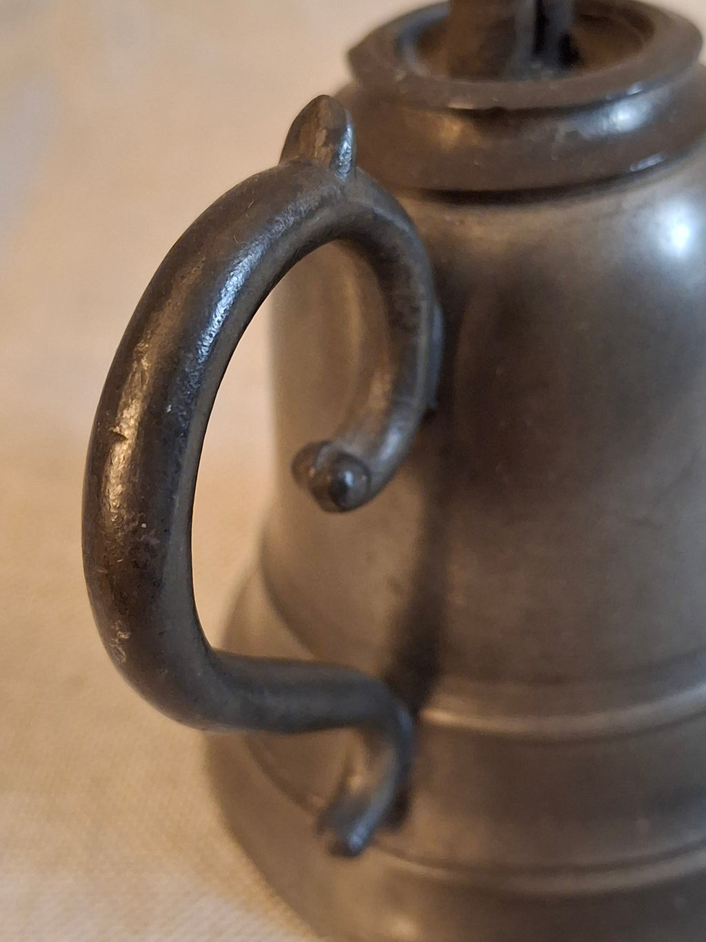 Antique Pewter Bell Whale Oil Lamp Double Tube Burner Scroll Handle c. 1830s