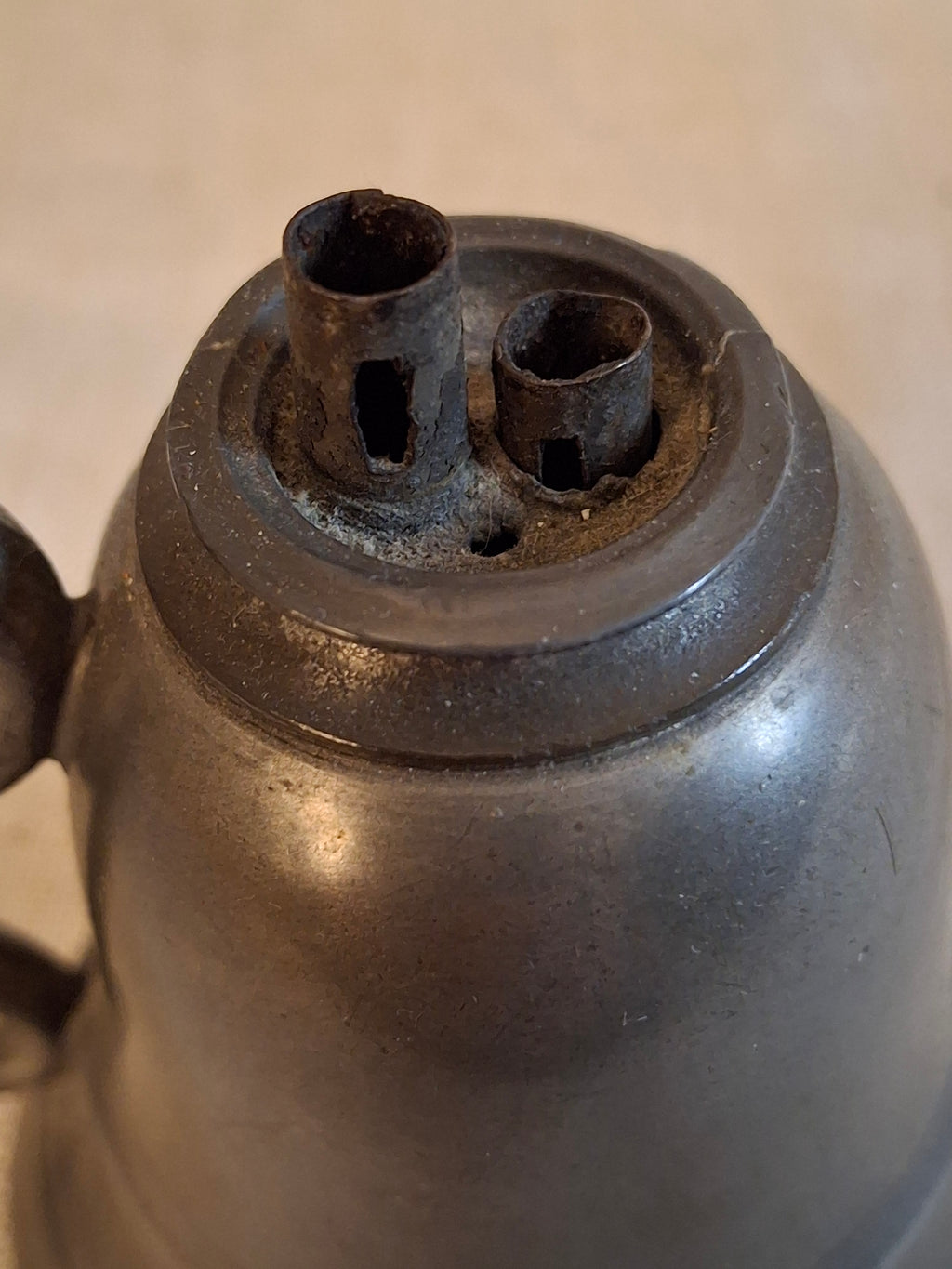 Antique Pewter Bell Whale Oil Lamp Double Tube Burner Scroll Handle c. 1830s