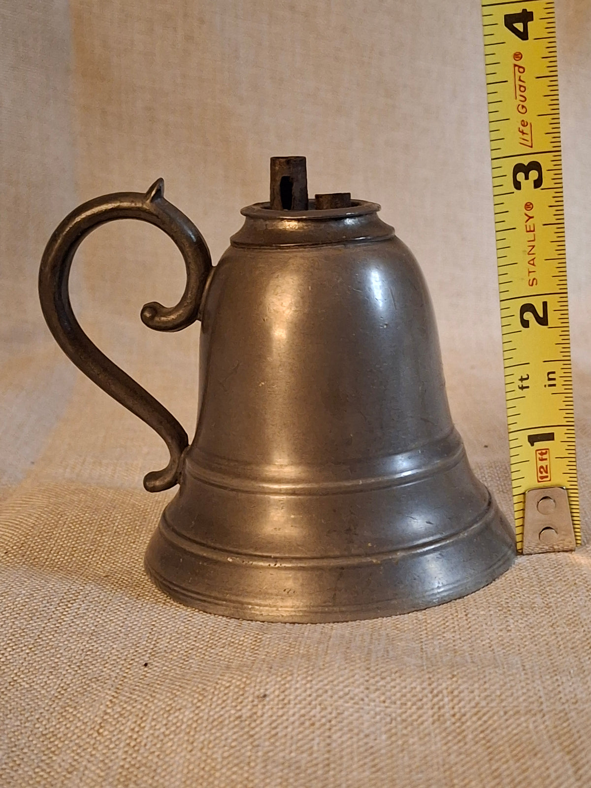 Antique Pewter Bell Whale Oil Lamp Double Tube Burner Scroll Handle c. 1830s
