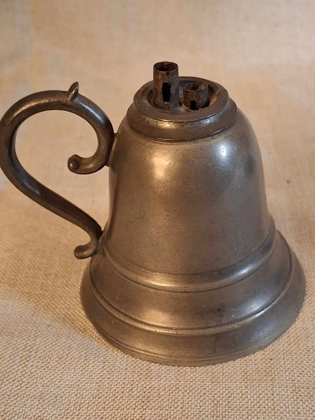 Antique Pewter Bell Whale Oil Lamp Double Tube Burner Scroll Handle c. 1830s