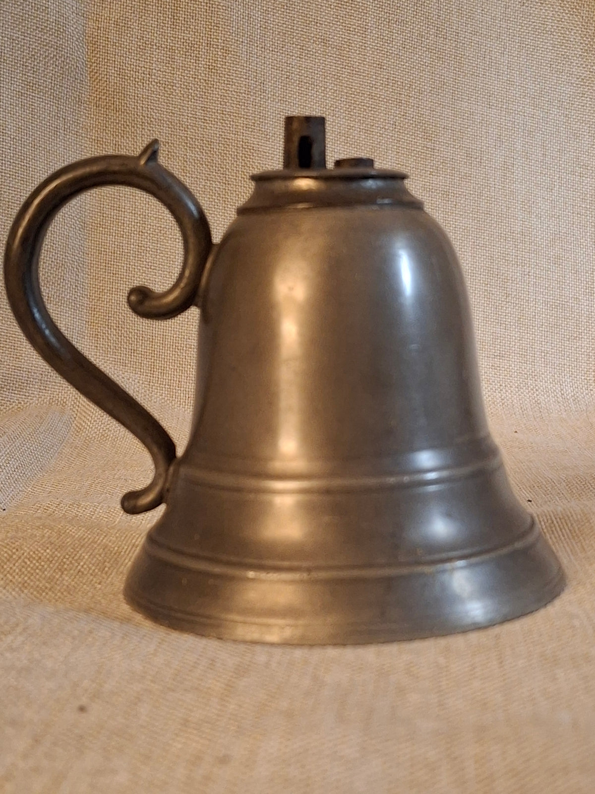 Antique Pewter Bell Whale Oil Lamp Double Tube Burner Scroll Handle c. 1830s