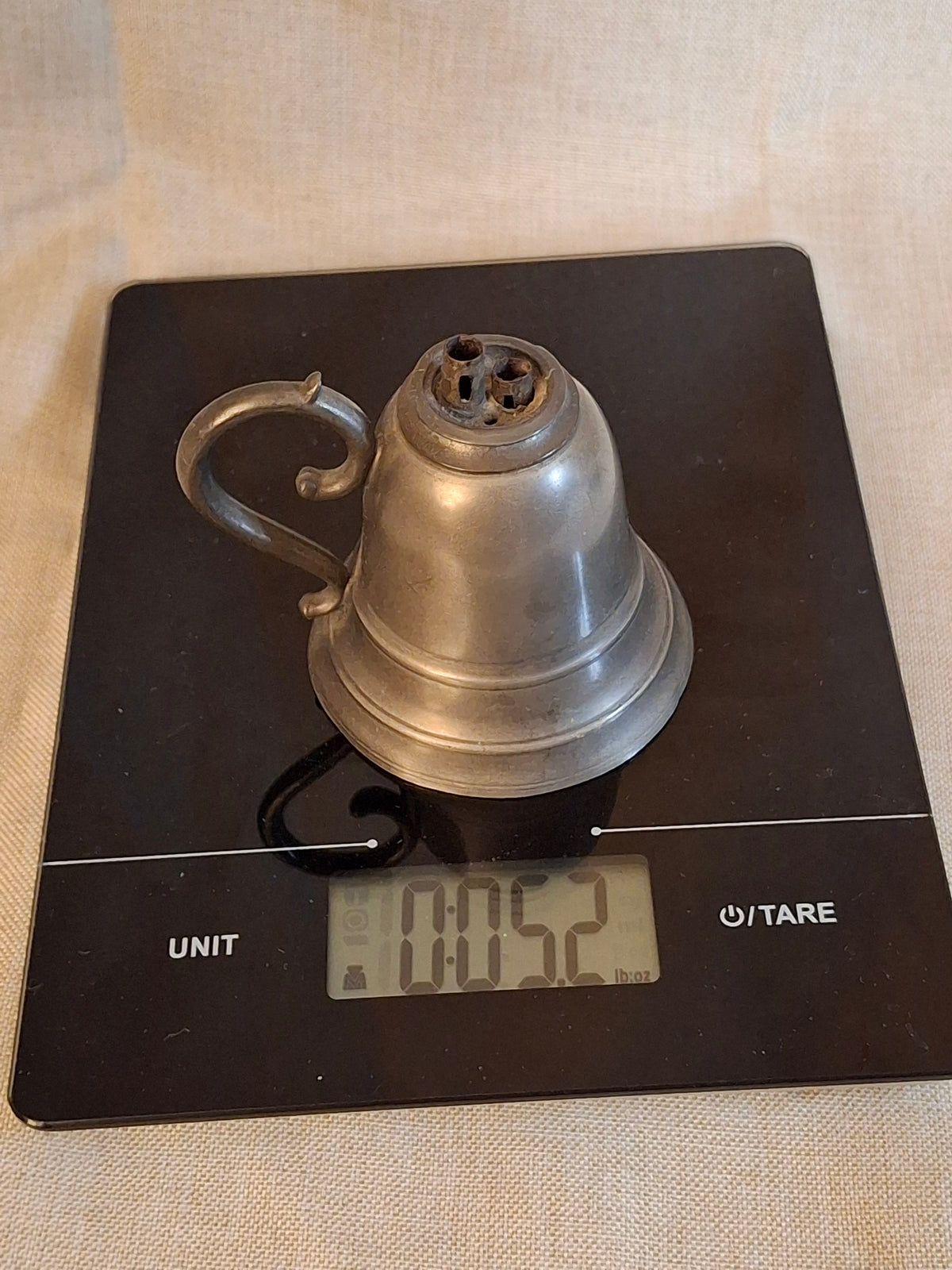 Antique Pewter Bell Whale Oil Lamp Double Tube Burner Scroll Handle c. 1830s