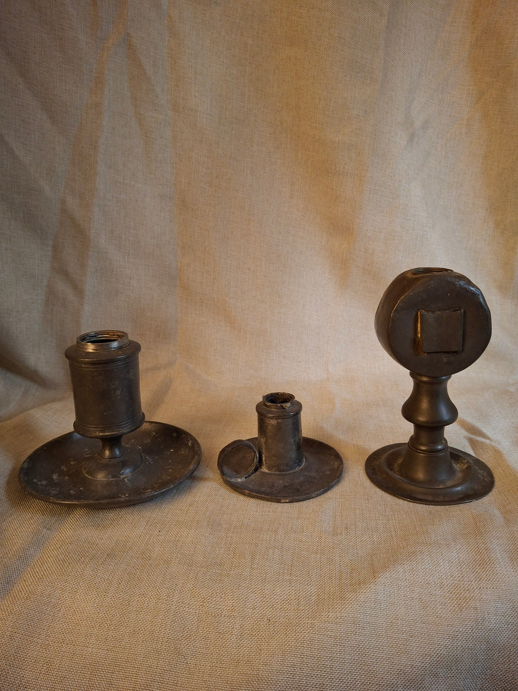 Antique Pewter Whale Oil Lamp Lot (3) - Double Bullseye Lens Stand & Chamber Lamps for Restoration