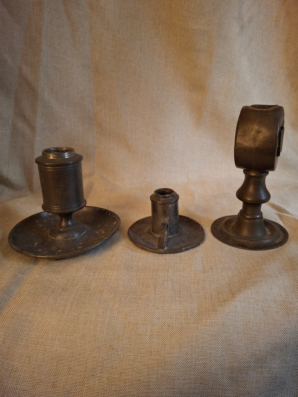 Antique Pewter Whale Oil Lamp Lot (3) - Double Bullseye Lens Stand & Chamber Lamps for Restoration