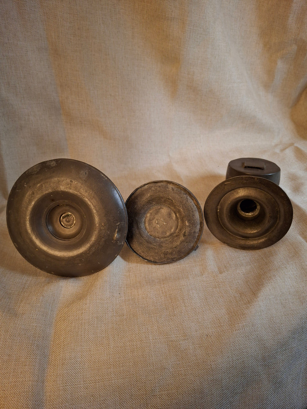 Antique Pewter Whale Oil Lamp Lot (3) - Double Bullseye Lens Stand & Chamber Lamps for Restoration