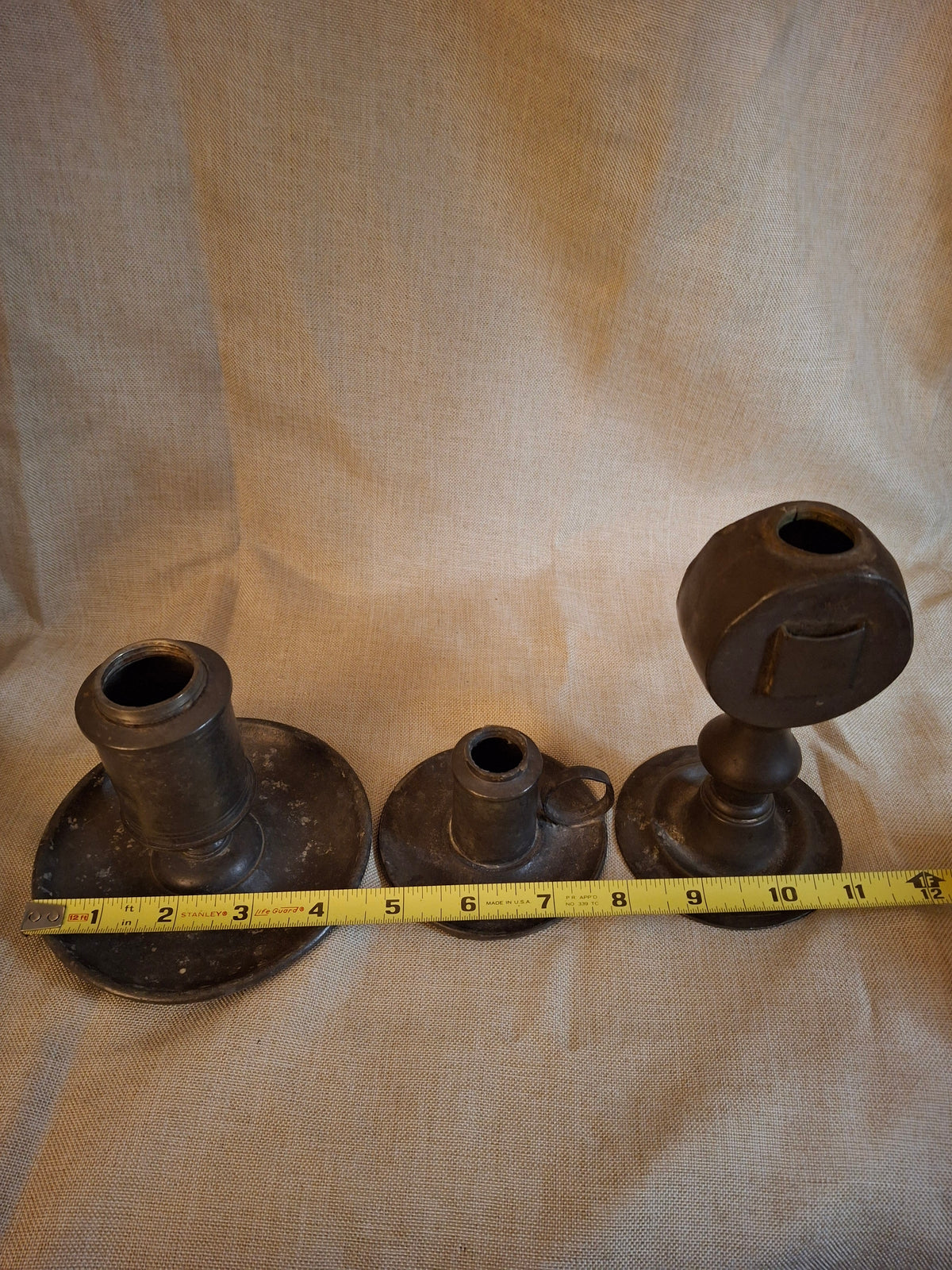 Antique Pewter Whale Oil Lamp Lot (3) - Double Bullseye Lens Stand & Chamber Lamps for Restoration