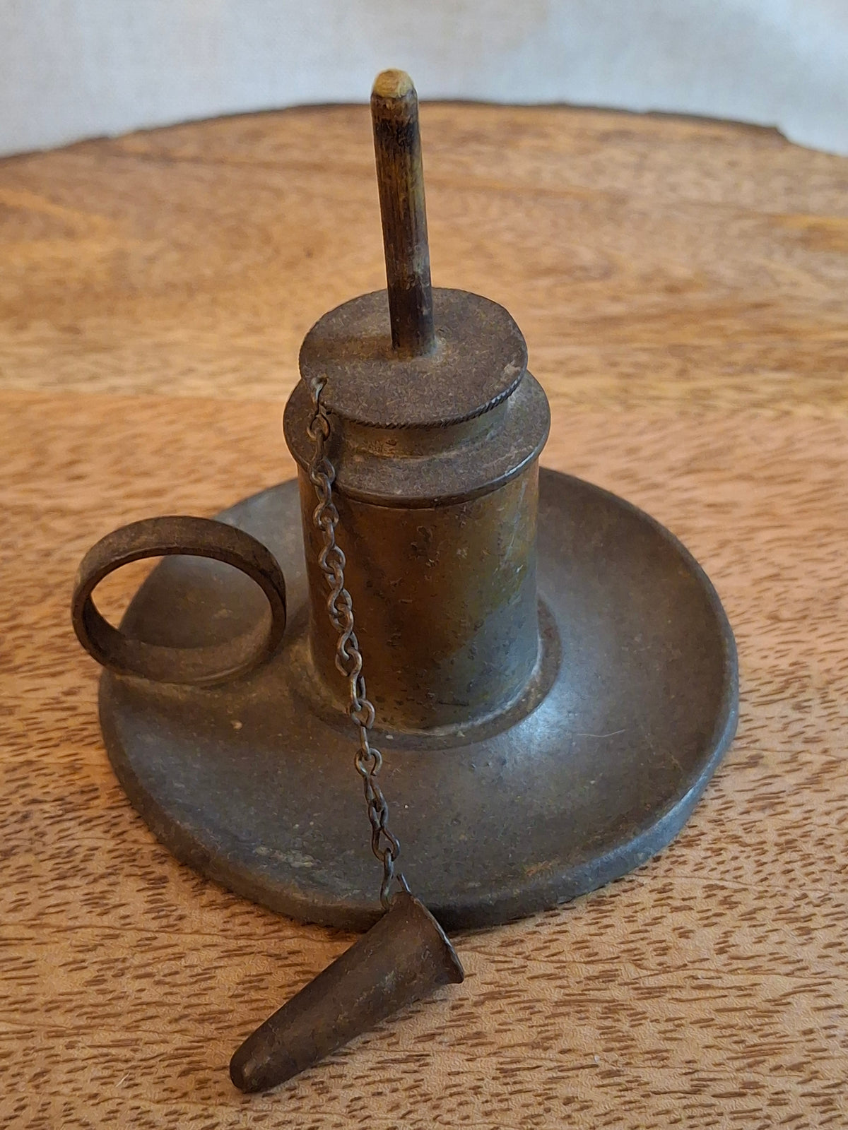 Antique Pewter Miniature Whale Oil Finger Lamp Snuffer Cap Chain Mold 33 c 1840