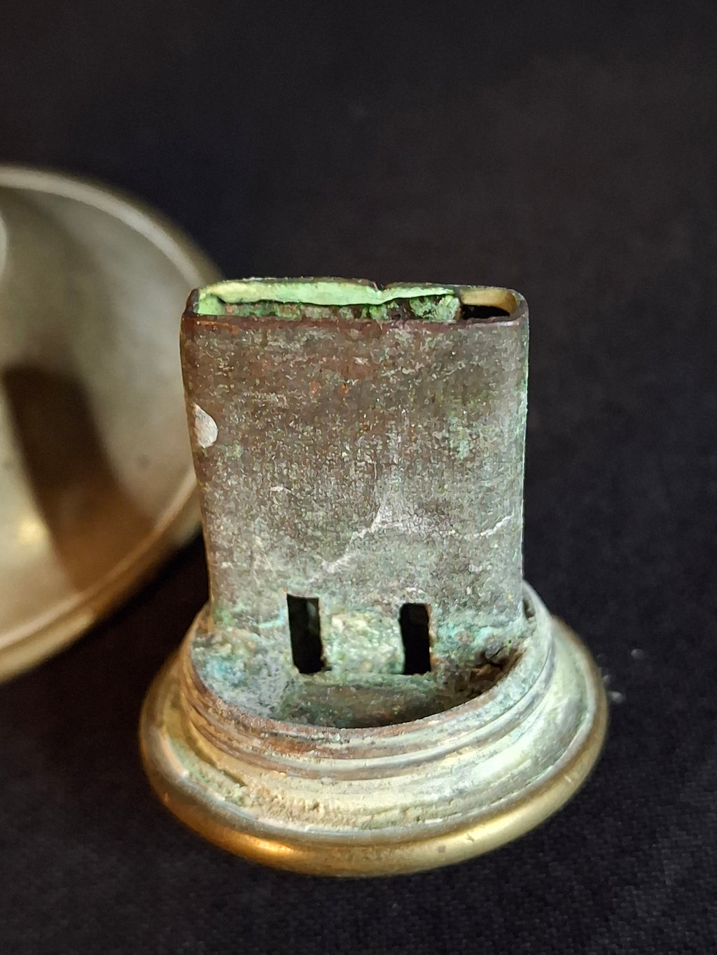 Antique 1840s Spun Brass Standalone Fat or Lard / Burning Fluid Lamp Flat Wick Burner