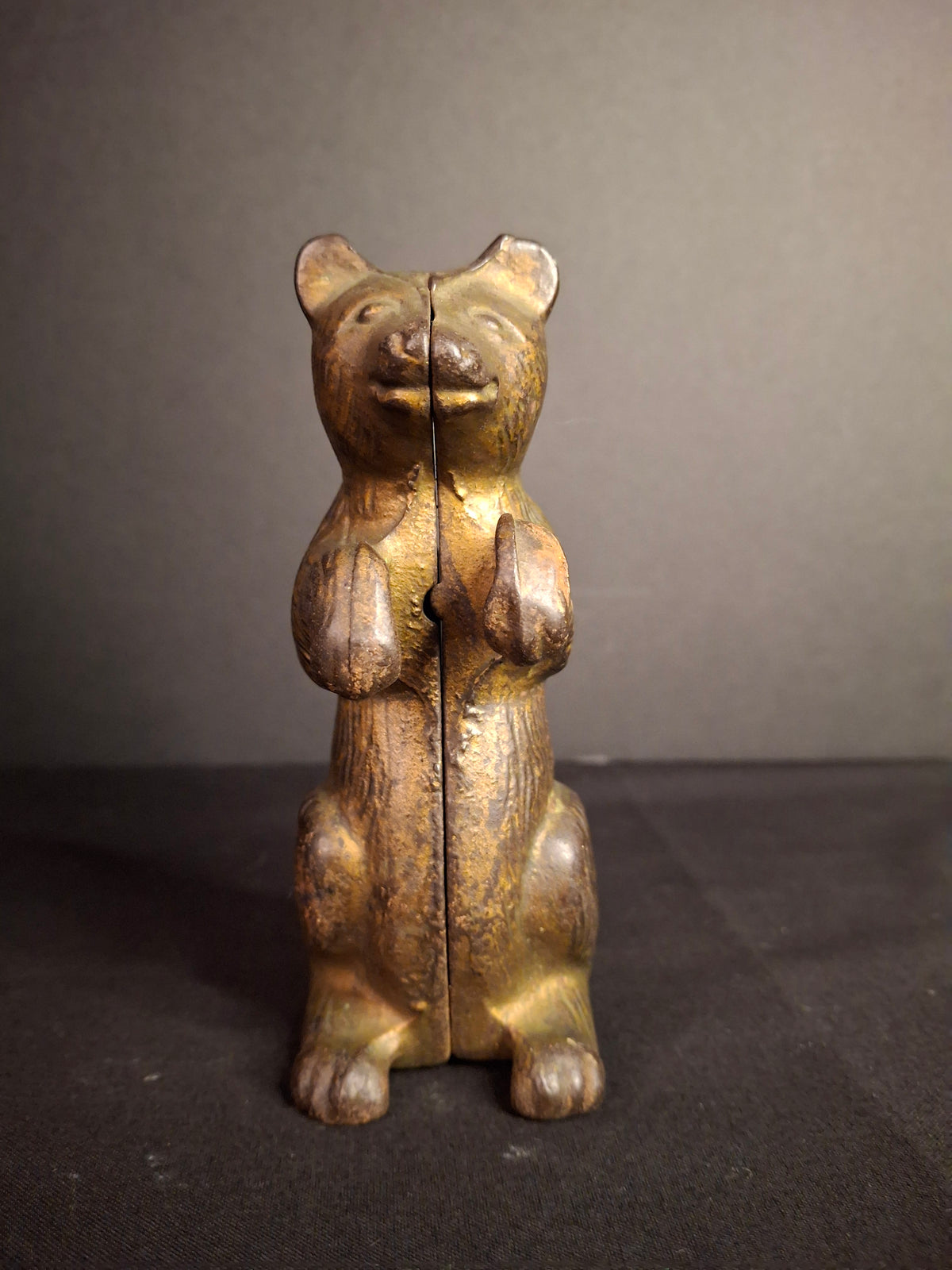 Antique AC Williams Cast Iron Begging Bear Still Bank Gold Wash Finish c. 1910s