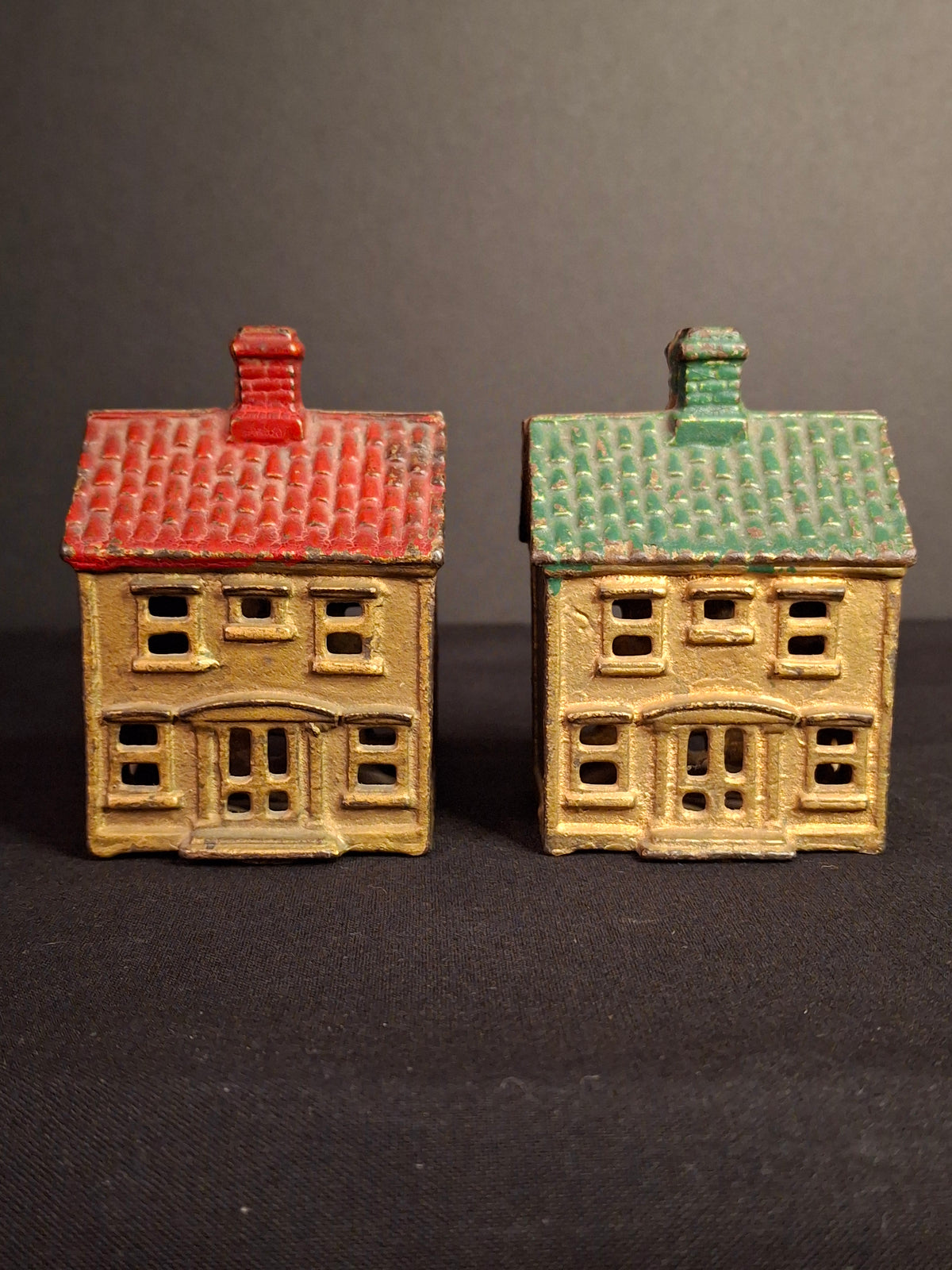 Antique Matching AC Williams Cast Iron Colonial House Still Bank Pair Gold Red Green Roof 1920s