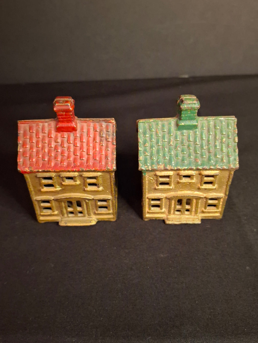 Antique Matching AC Williams Cast Iron Colonial House Still Bank Pair Gold Red Green Roof 1920s