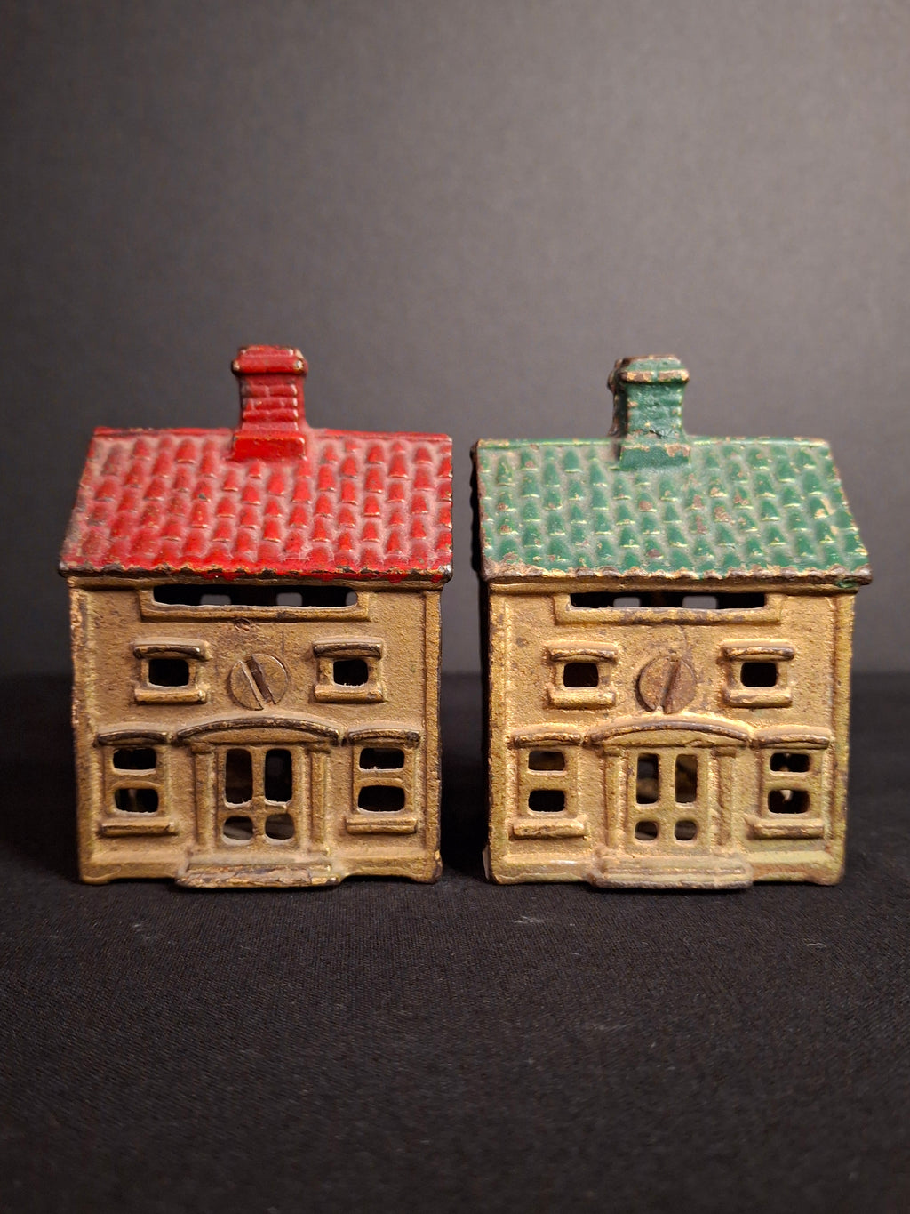 Antique Matching AC Williams Cast Iron Colonial House Still Bank Pair Gold Red Green Roof 1920s