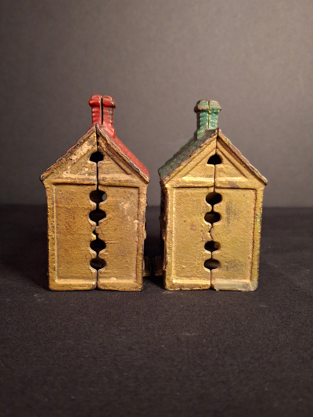 Antique Matching AC Williams Cast Iron Colonial House Still Bank Pair Gold Red Green Roof 1920s