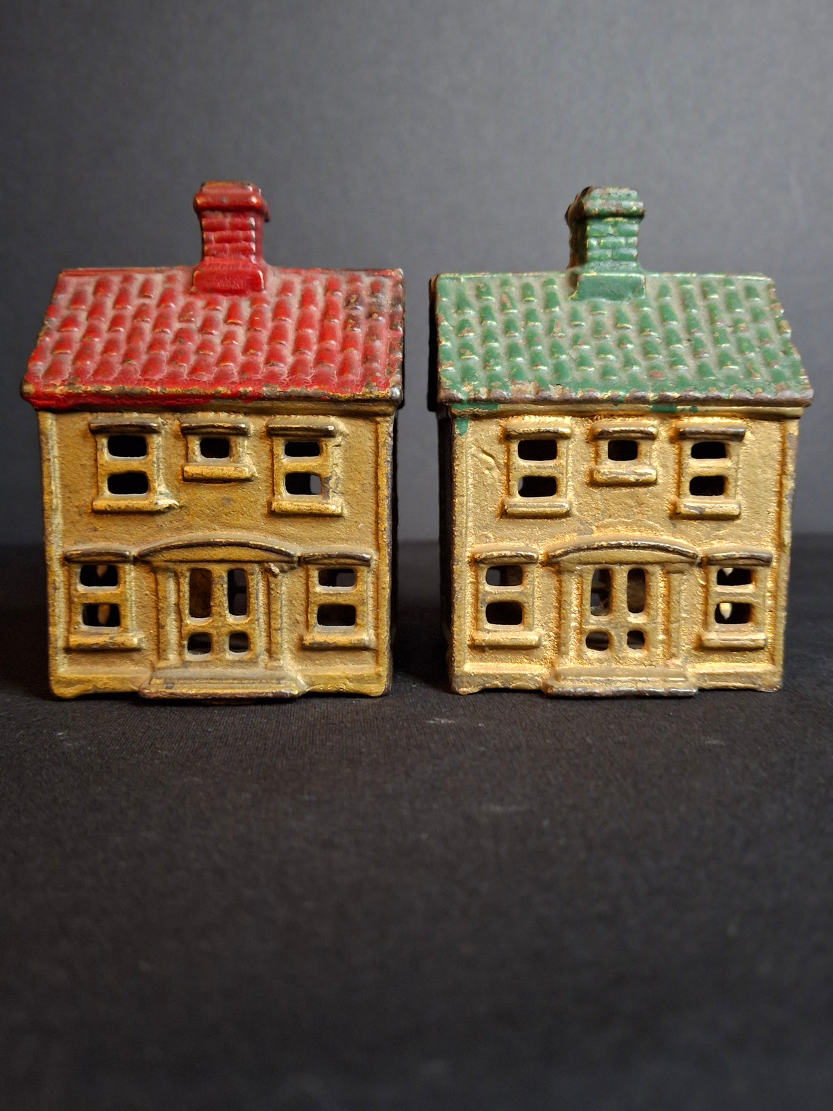 Antique Matching AC Williams Cast Iron Colonial House Still Bank Pair Gold Red Green Roof 1920s