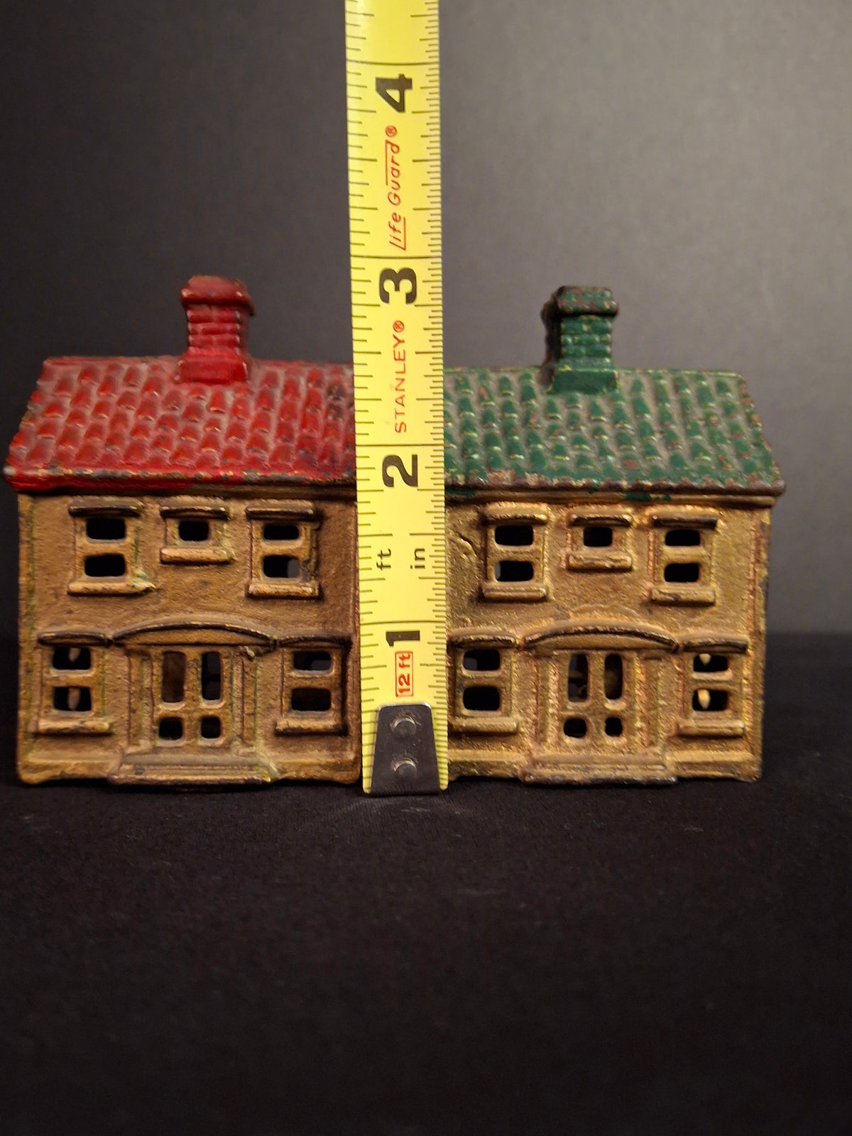 Antique Matching AC Williams Cast Iron Colonial House Still Bank Pair Gold Red Green Roof 1920s