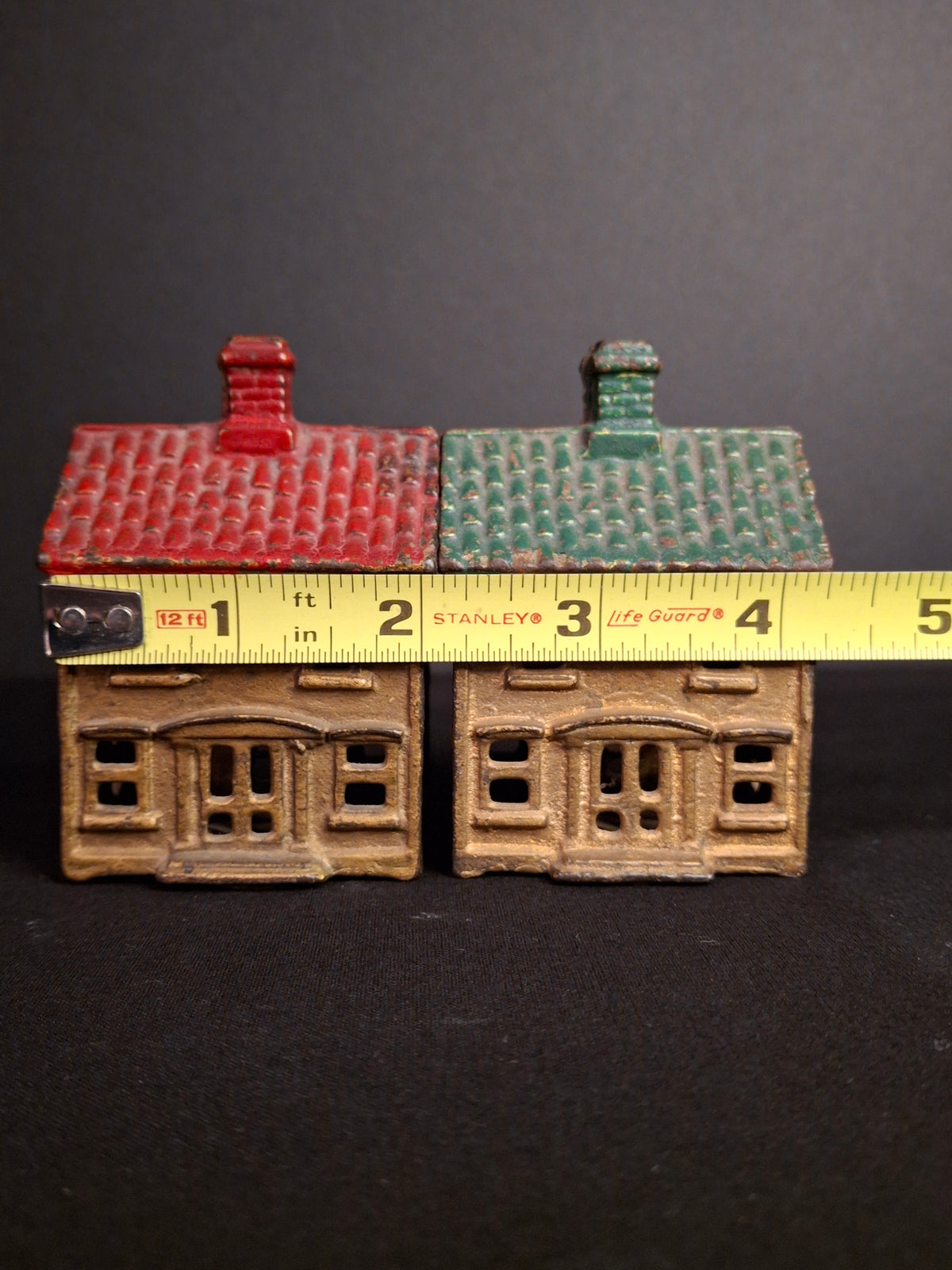 Antique Matching AC Williams Cast Iron Colonial House Still Bank Pair Gold Red Green Roof 1920s
