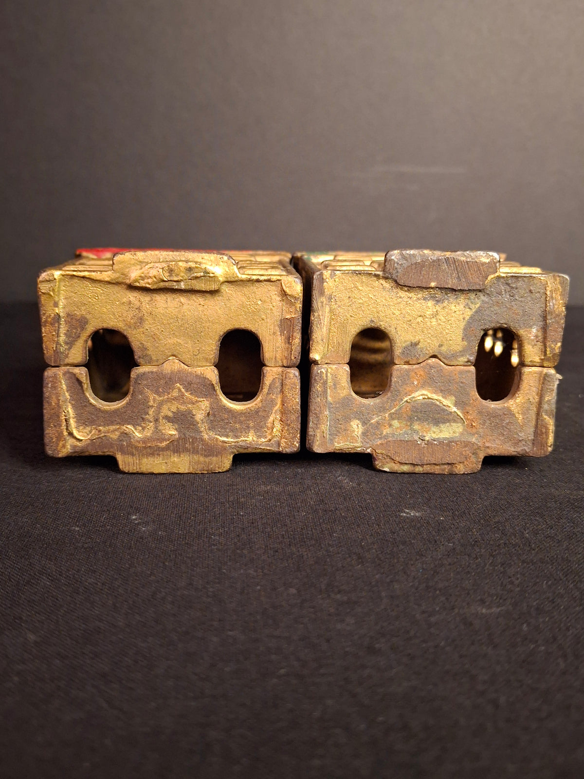 Antique Matching AC Williams Cast Iron Colonial House Still Bank Pair Gold Red Green Roof 1920s