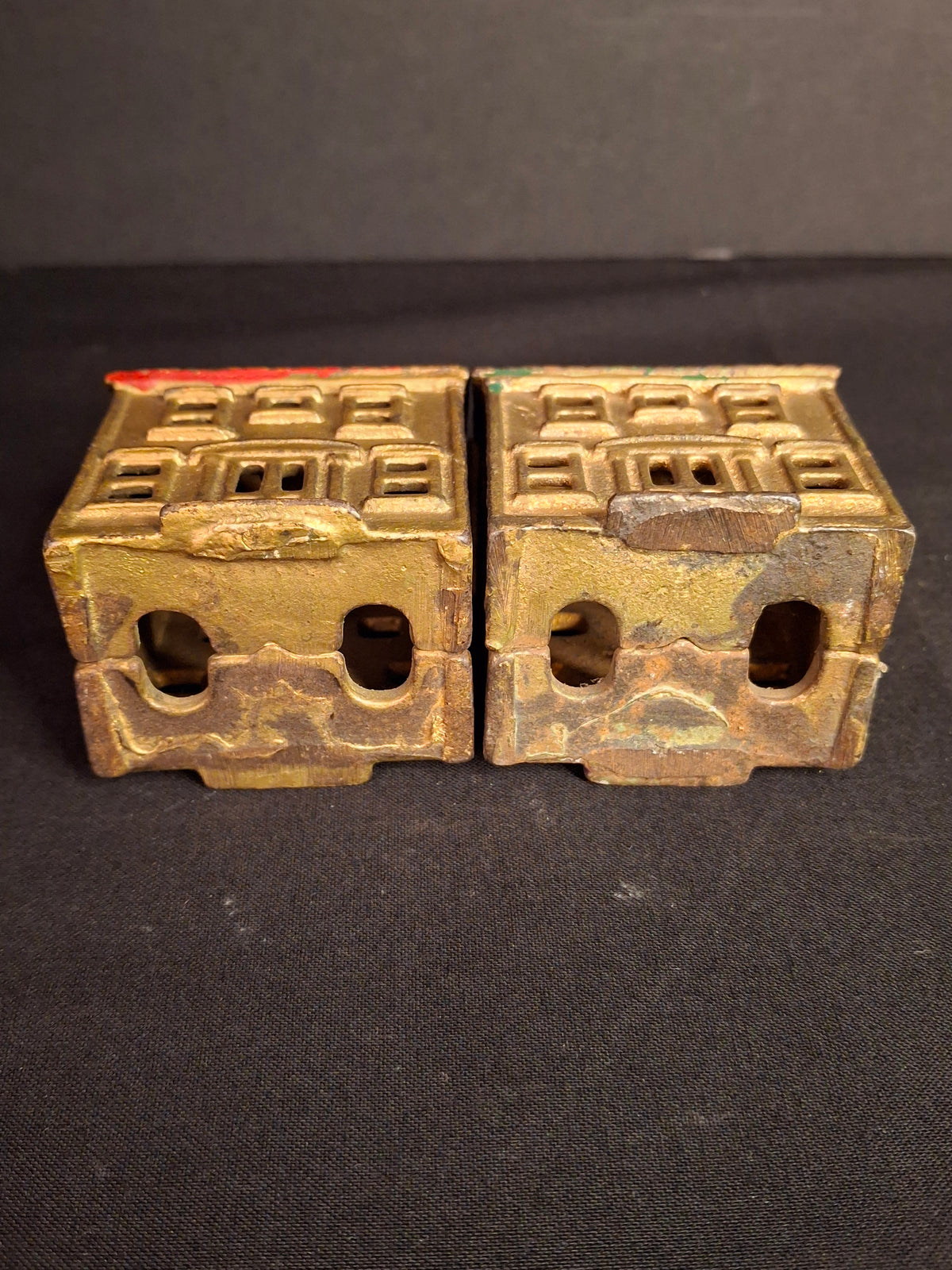 Antique Matching AC Williams Cast Iron Colonial House Still Bank Pair Gold Red Green Roof 1920s