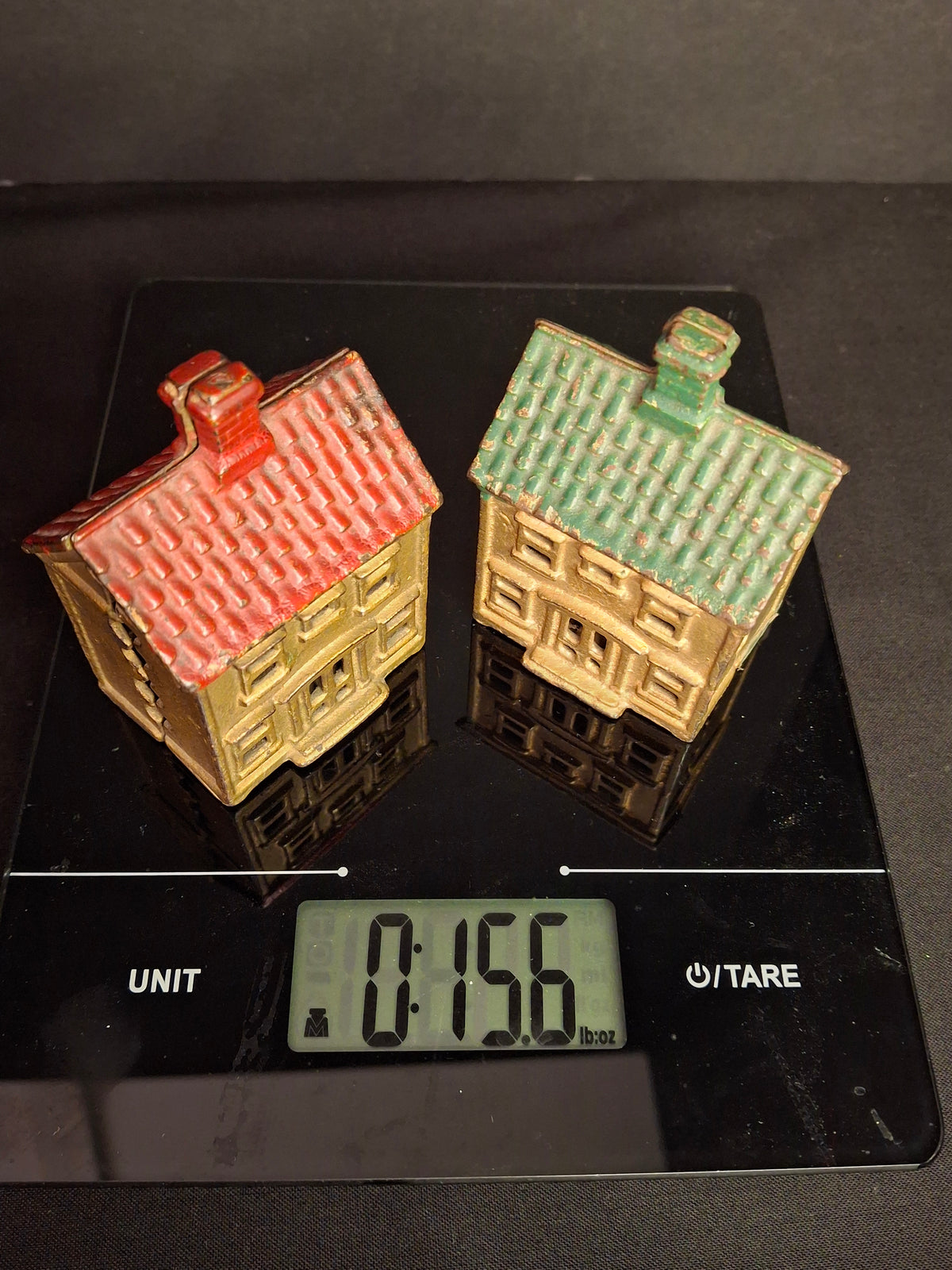 Antique Matching AC Williams Cast Iron Colonial House Still Bank Pair Gold Red Green Roof 1920s