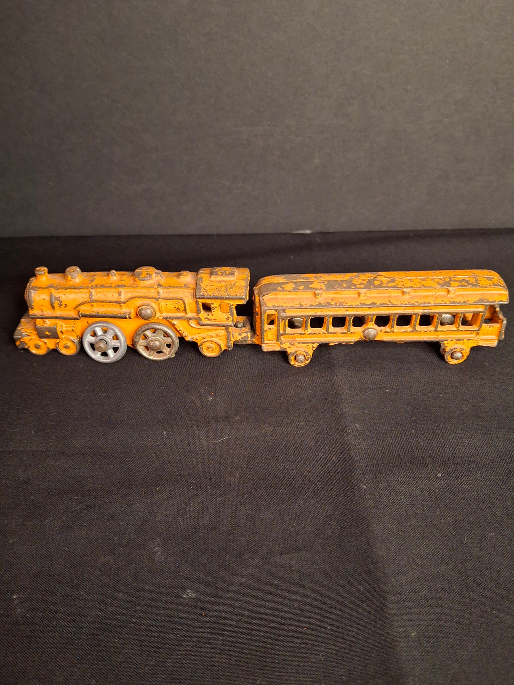 Antique Kilgore Cast Iron Train Set Orange Locomotive Coal Tender Passenger Car