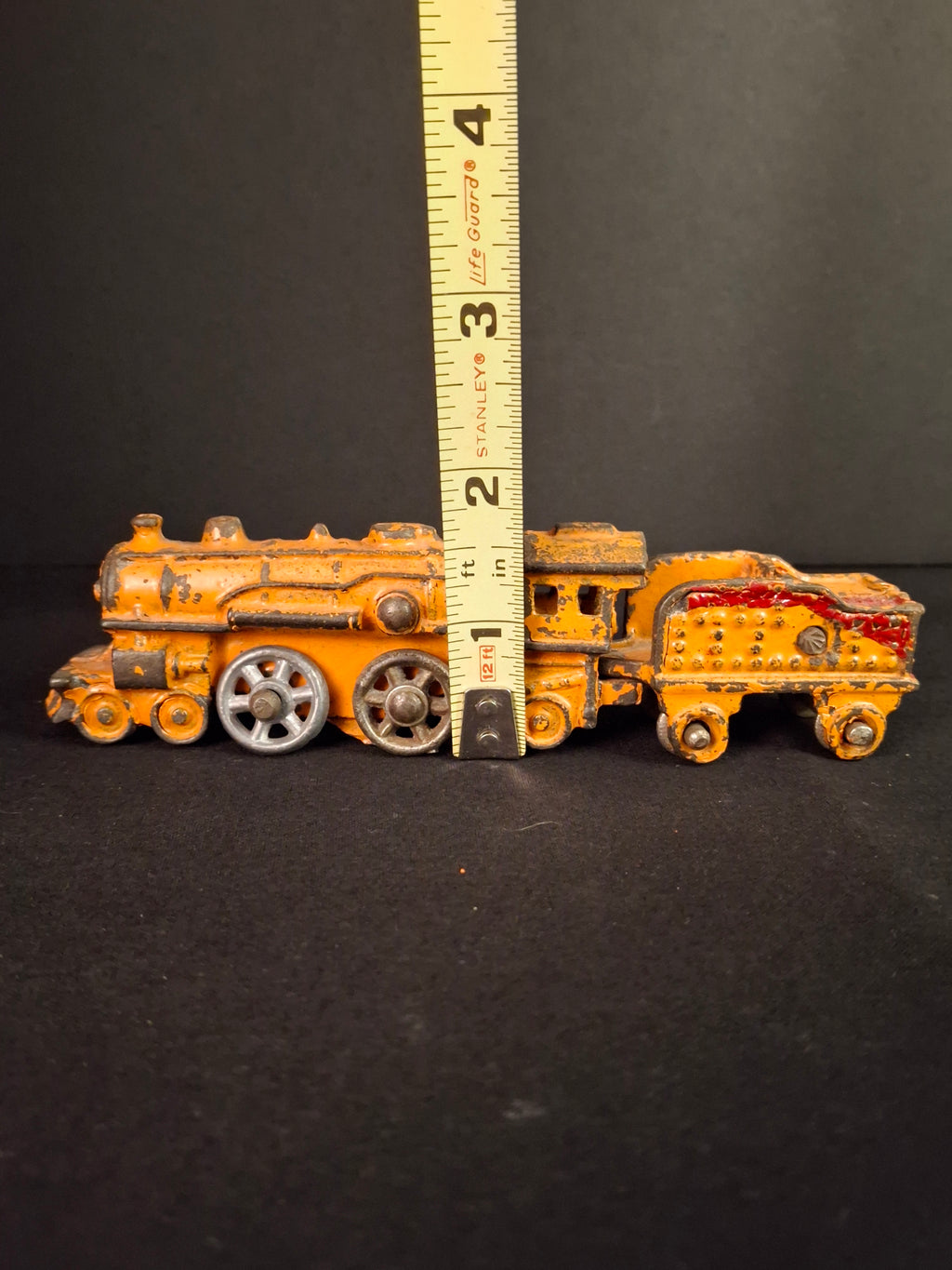 Antique Kilgore Cast Iron Train Set Orange Locomotive Coal Tender Passenger Car