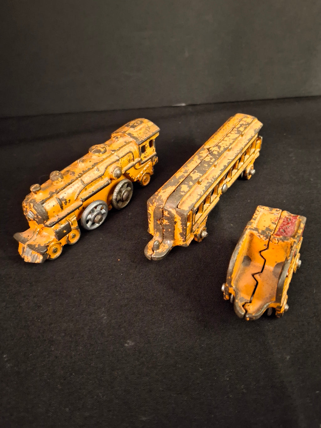 Antique Kilgore Cast Iron Train Set Orange Locomotive Coal Tender Passenger Car