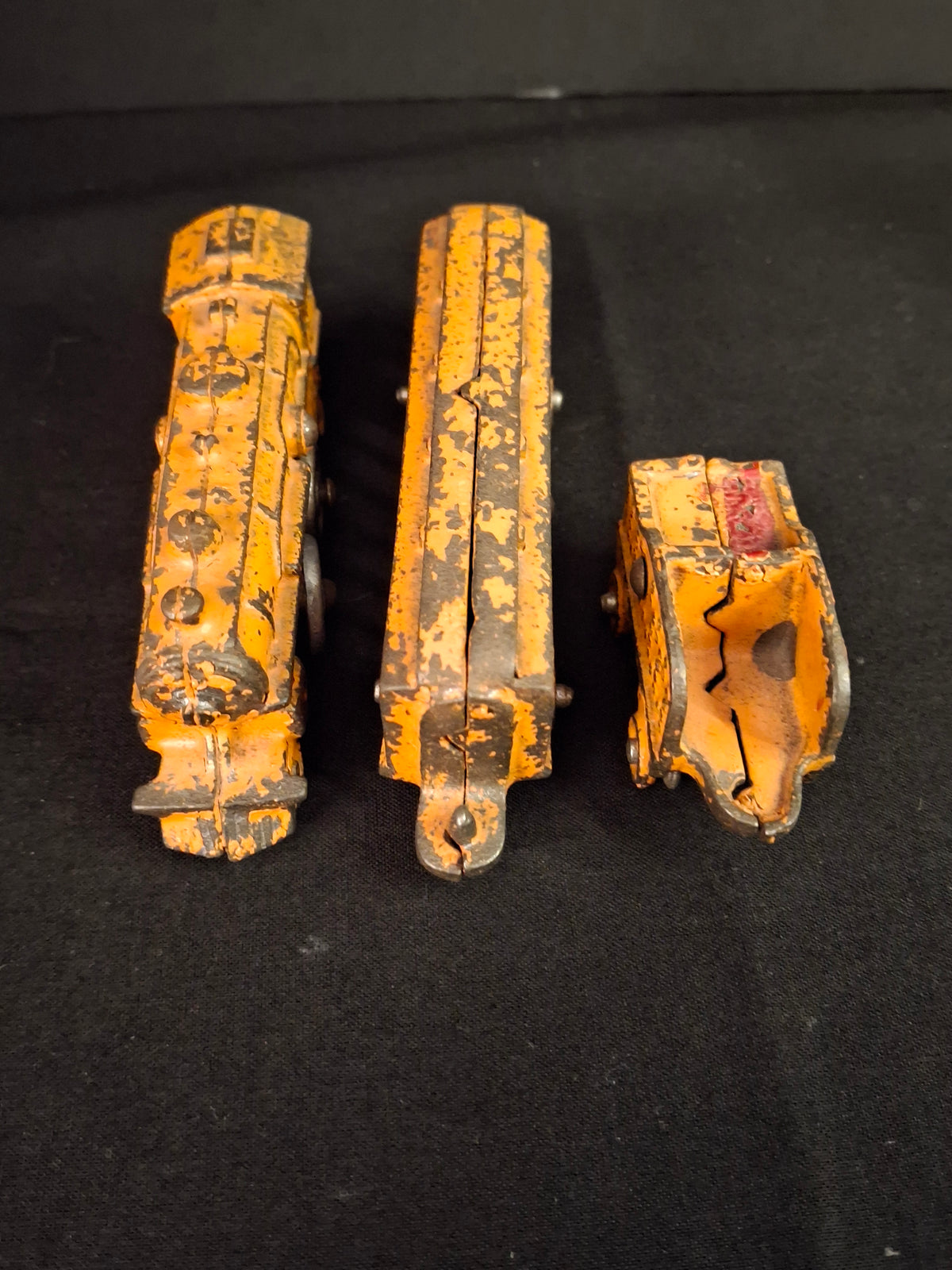 Antique Kilgore Cast Iron Train Set Orange Locomotive Coal Tender Passenger Car