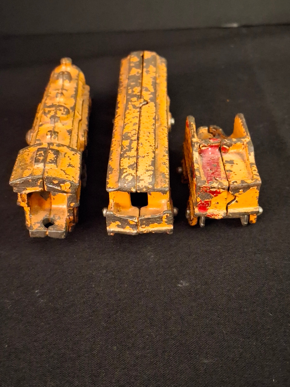 Antique Kilgore Cast Iron Train Set Orange Locomotive Coal Tender Passenger Car