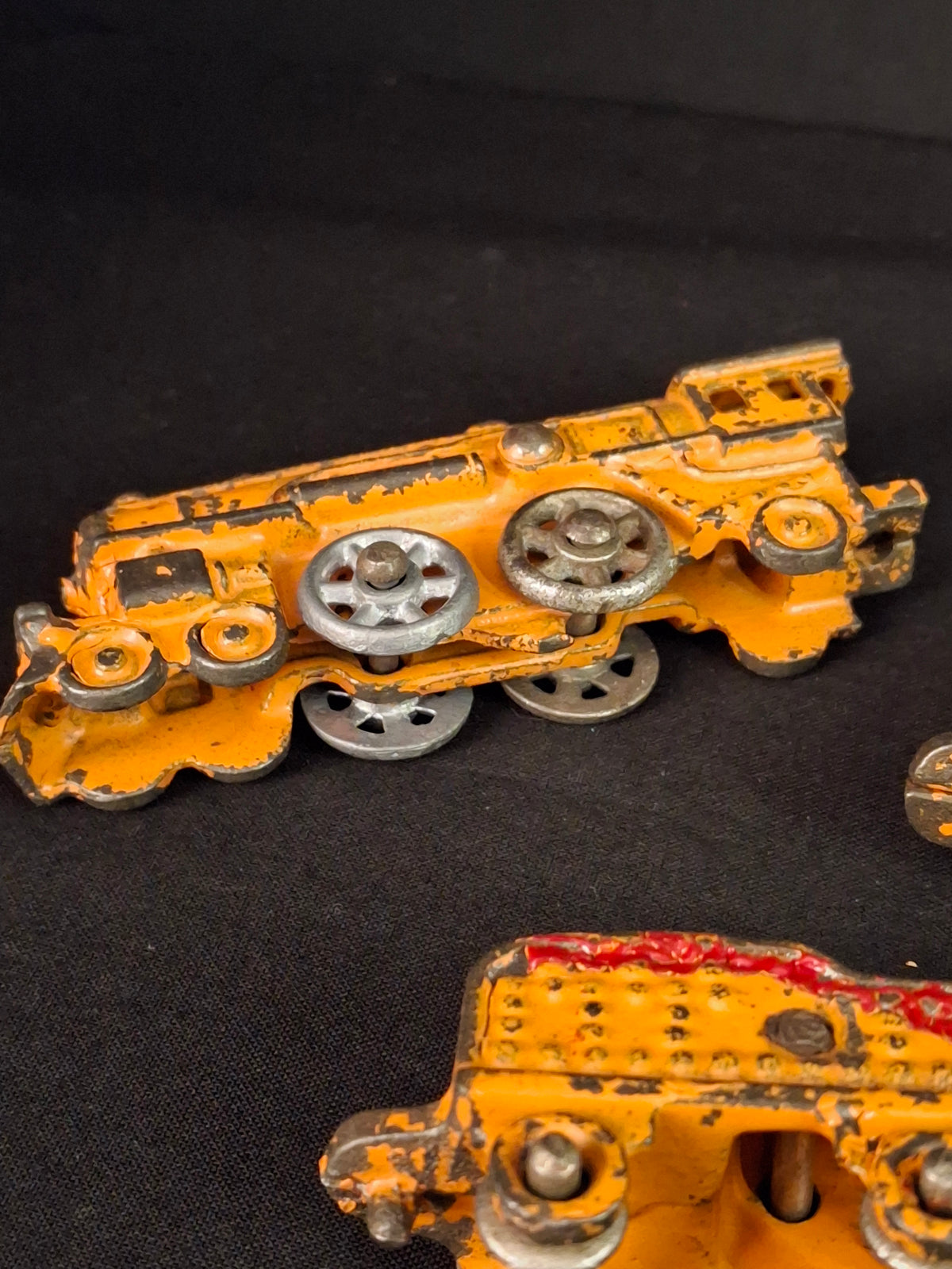 Antique Kilgore Cast Iron Train Set Orange Locomotive Coal Tender Passenger Car