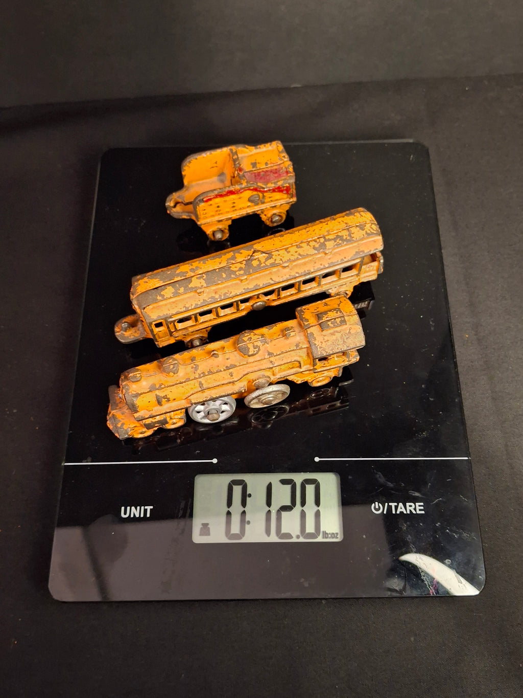 Antique Kilgore Cast Iron Train Set Orange Locomotive Coal Tender Passenger Car