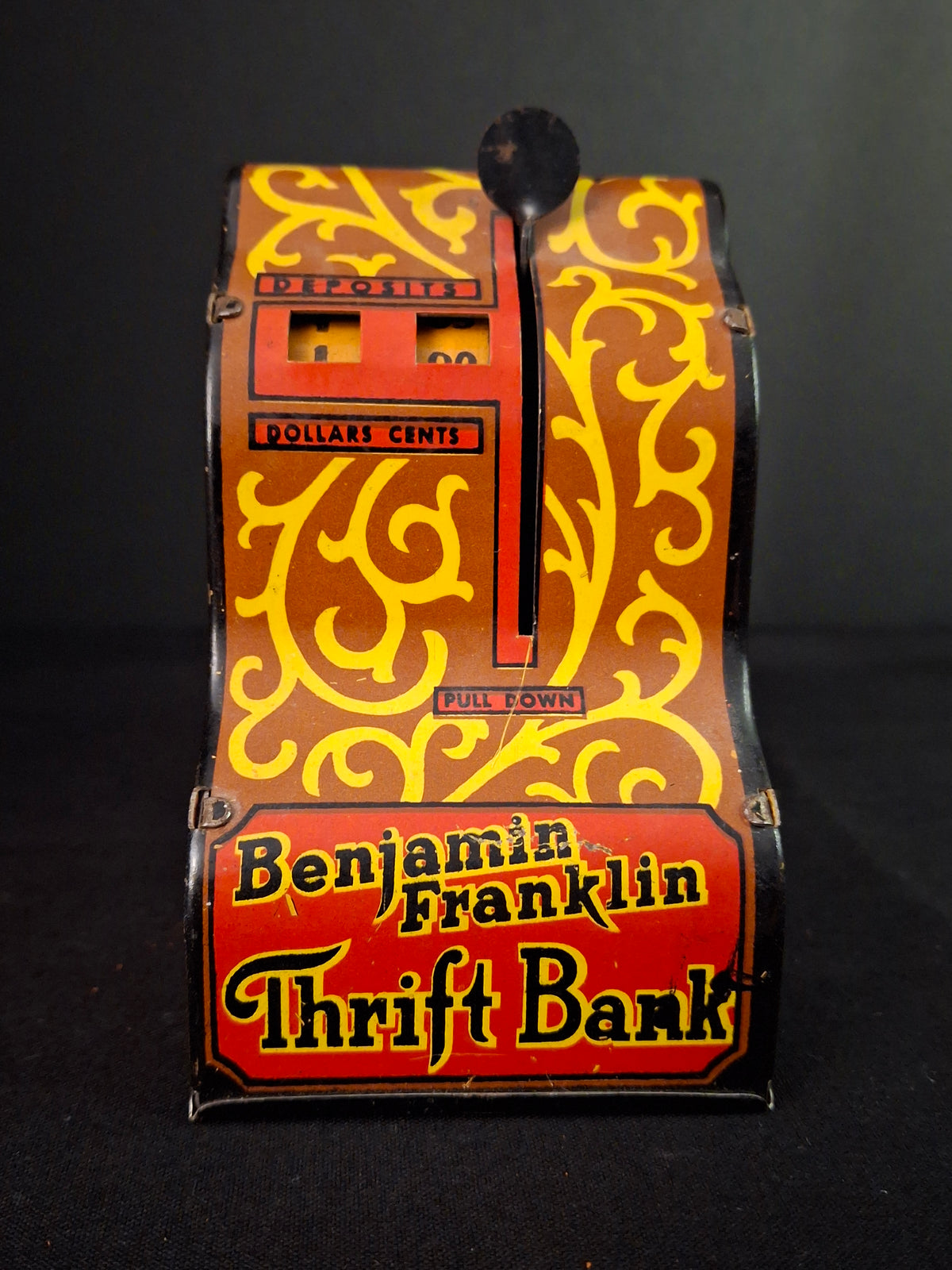 1930s Louis Marx & Co Tin Litho Benjamin Franklin Thrift Bank Register Working