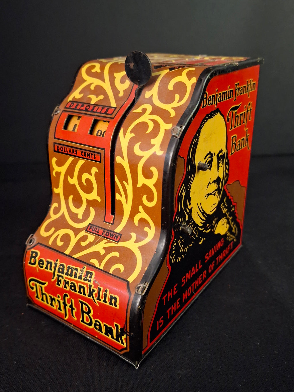 1930s Louis Marx & Co Tin Litho Benjamin Franklin Thrift Bank Register Working
