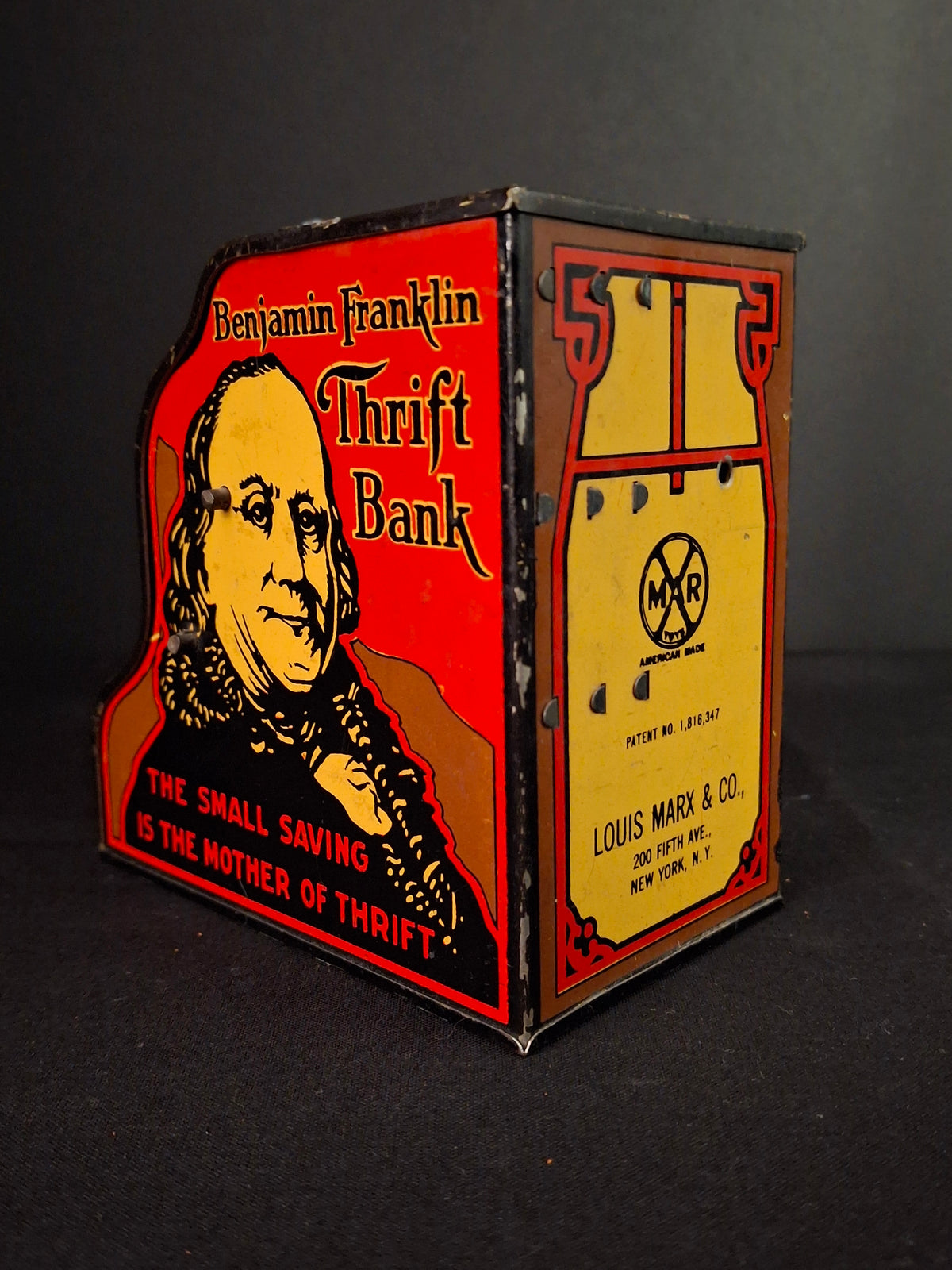 1930s Louis Marx & Co Tin Litho Benjamin Franklin Thrift Bank Register Working