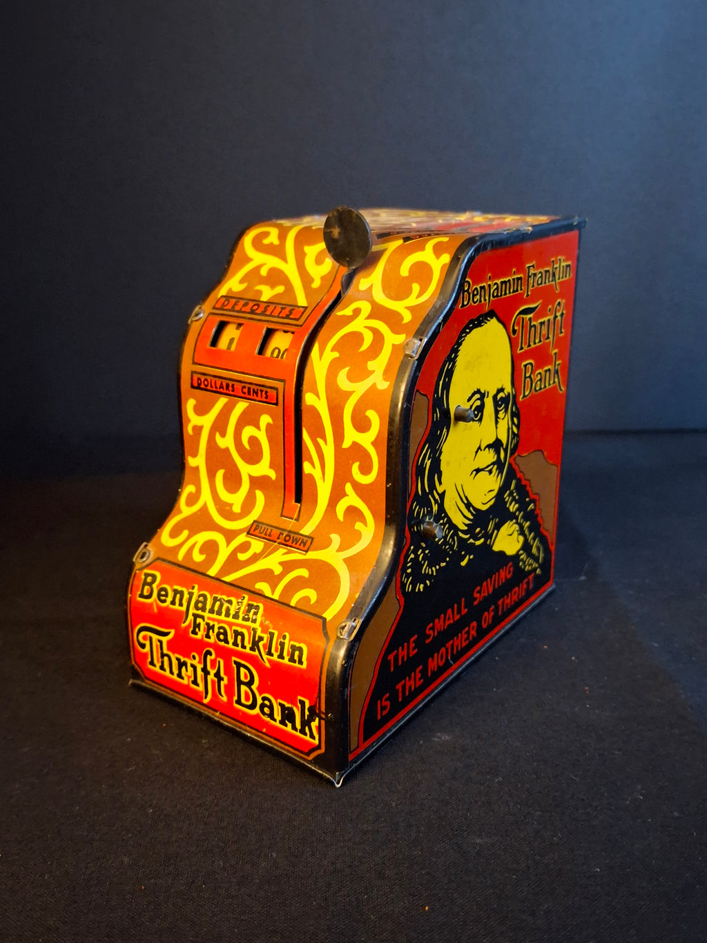 1930s Louis Marx & Co Tin Litho Benjamin Franklin Thrift Bank Register Working