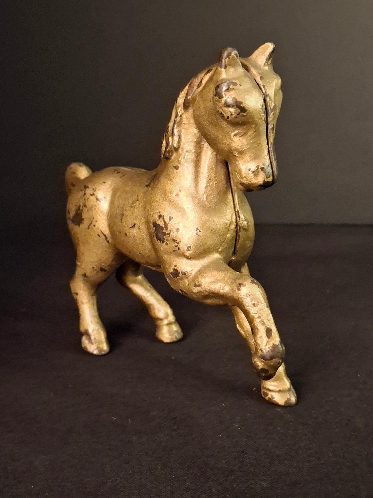 Antique AC Williams Cast Iron Prancing Horse Still Bank Gold Finish c. 1910s