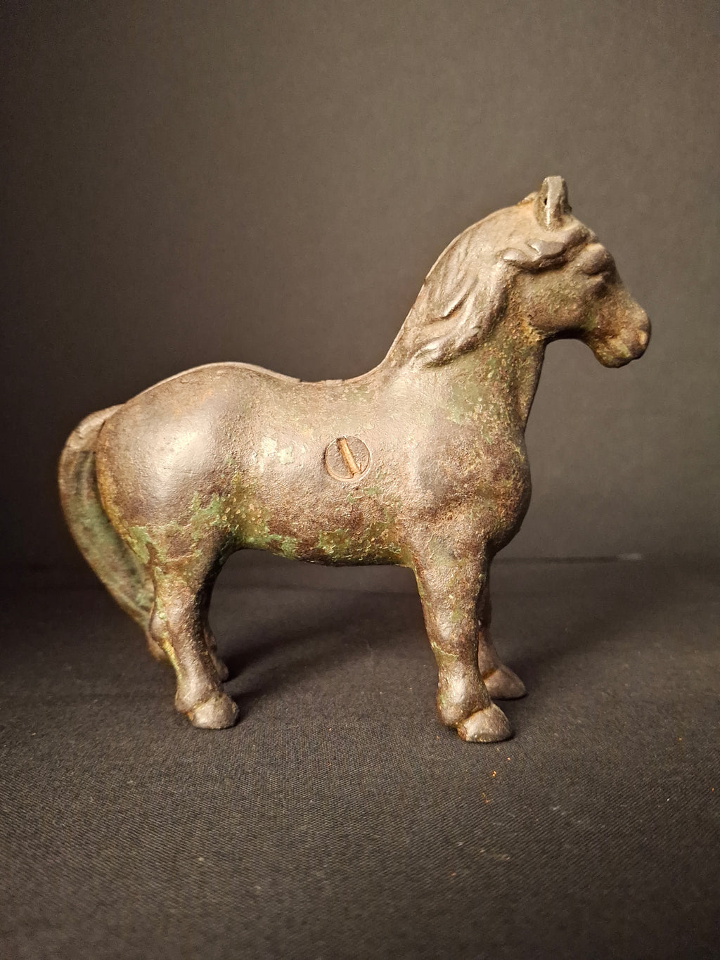 Antique AC Williams Cast Iron Standing Horse Still Bank c 1910 Green Paint Patina
