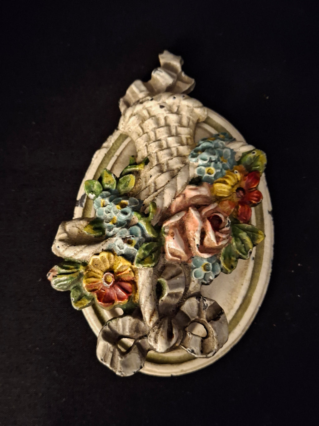 Antique Hubley Cast Iron Flower Basket Door Knocker Original Paint Floral 1920s