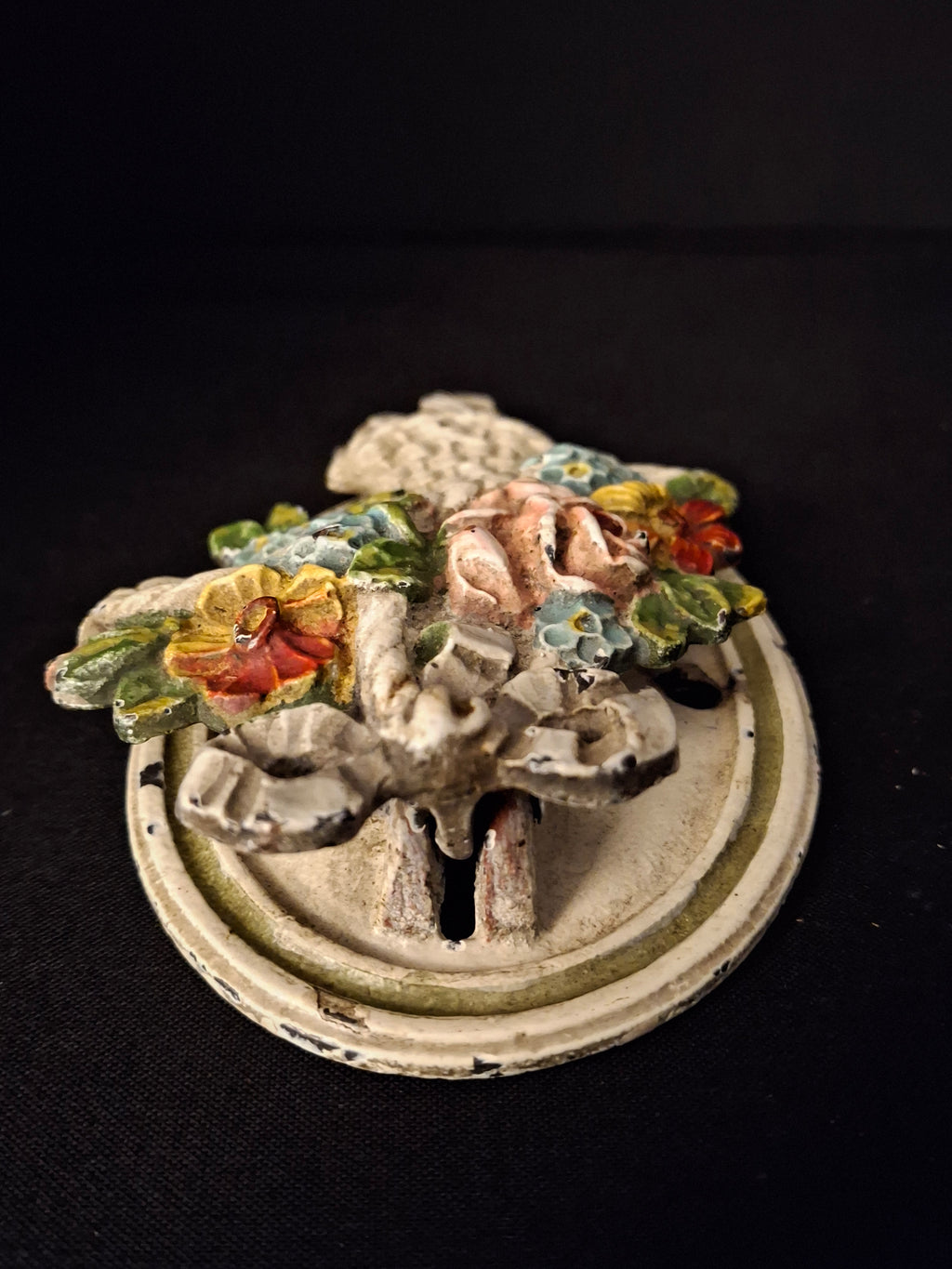 Antique Hubley Cast Iron Flower Basket Door Knocker Original Paint Floral 1920s