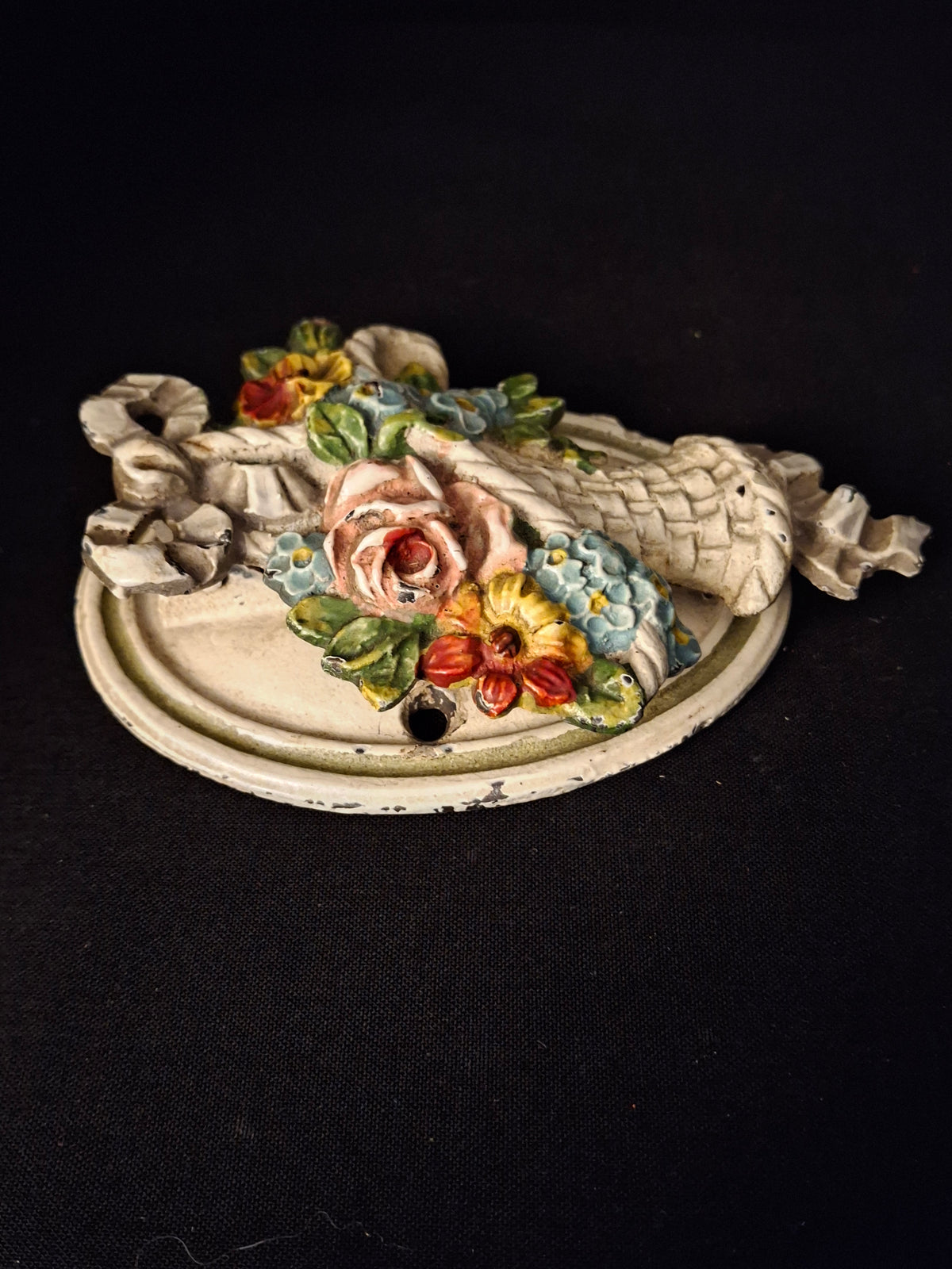 Antique Hubley Cast Iron Flower Basket Door Knocker Original Paint Floral 1920s