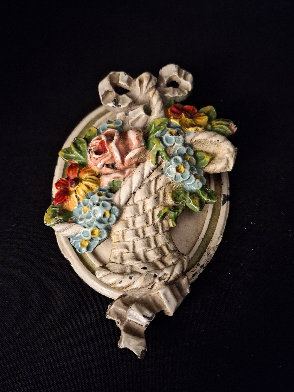 Antique Hubley Cast Iron Flower Basket Door Knocker Original Paint Floral 1920s