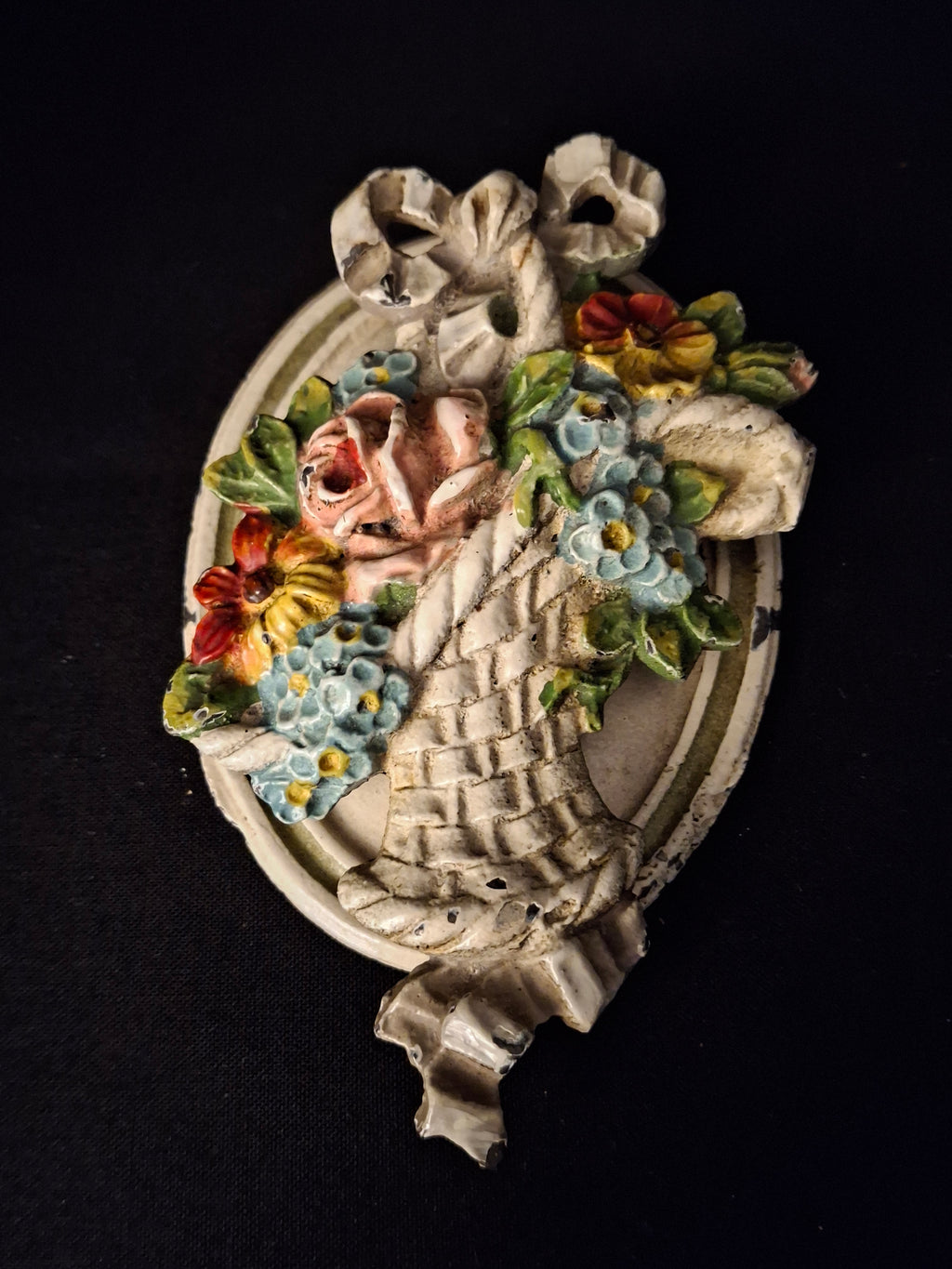 Antique Hubley Cast Iron Flower Basket Door Knocker Original Paint Floral 1920s