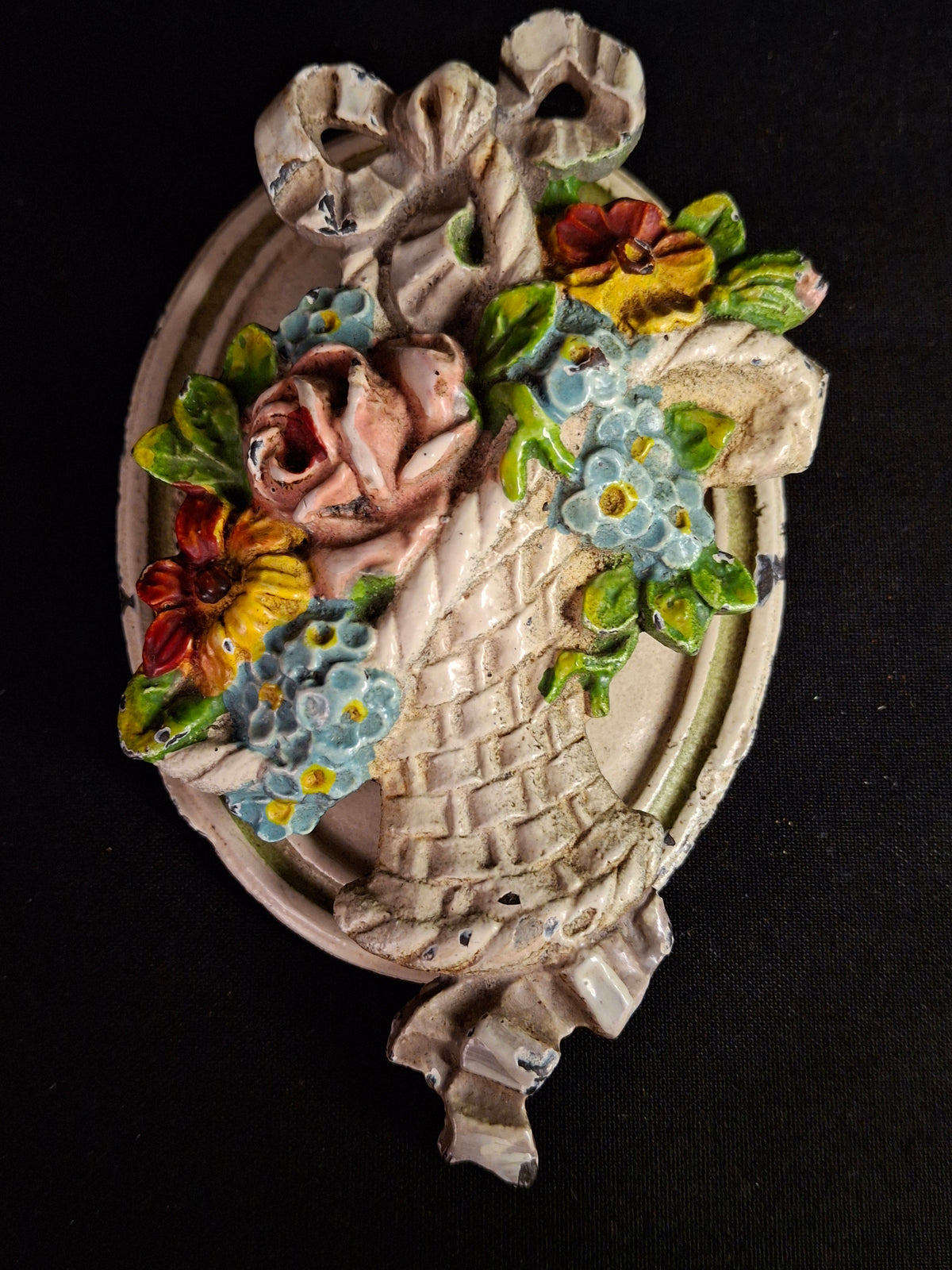 Antique Hubley Cast Iron Flower Basket Door Knocker Original Paint Floral 1920s