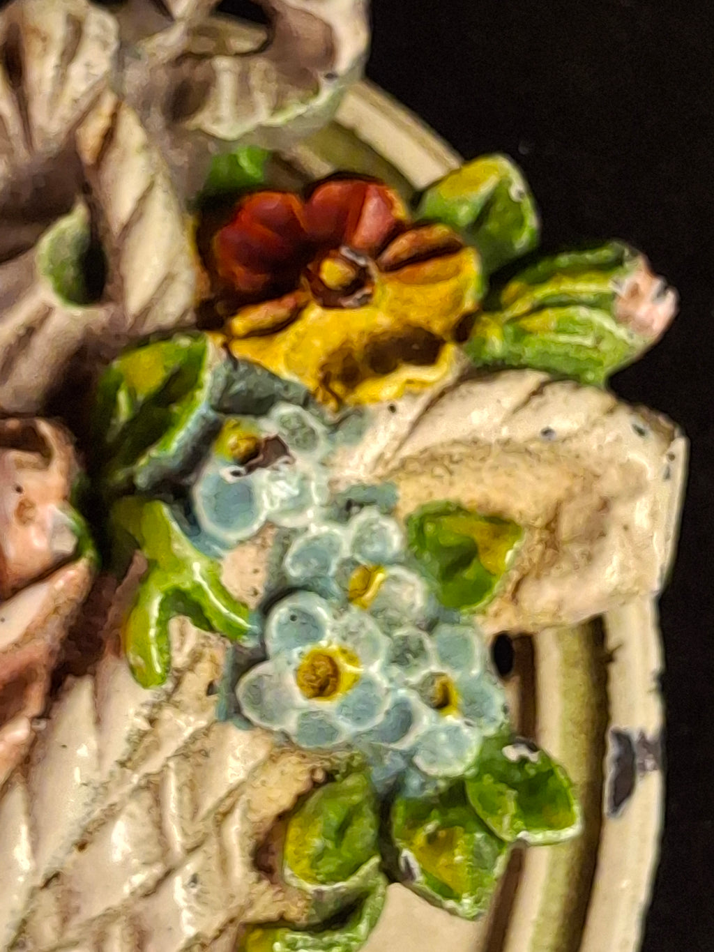Antique Hubley Cast Iron Flower Basket Door Knocker Original Paint Floral 1920s