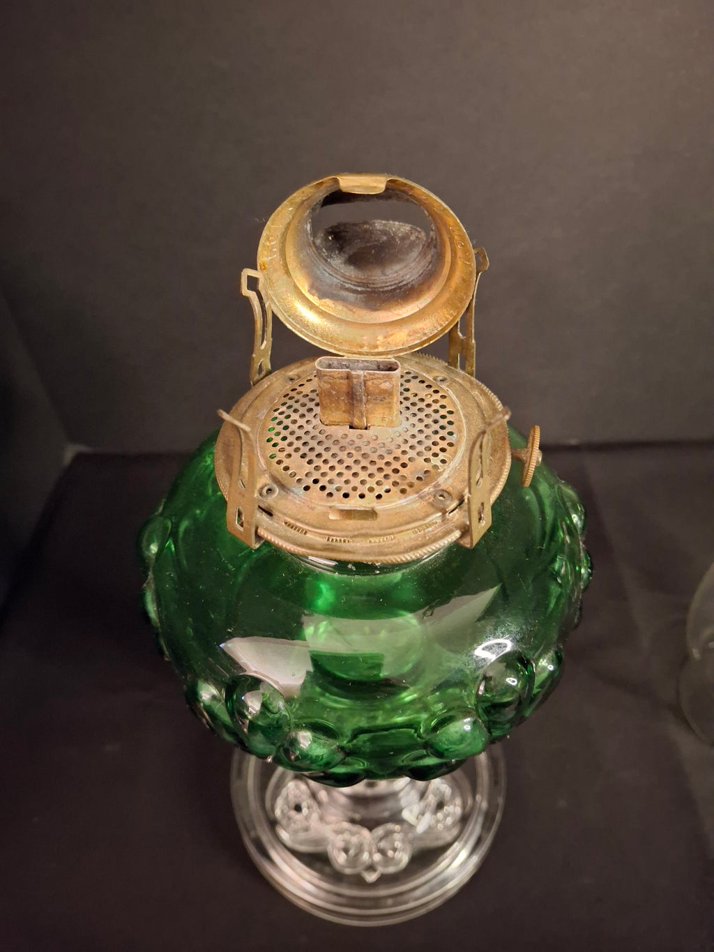 Antique Victorian Emerald Green Glass Kerosene Lamp Clear Star Base Scovill Queen Anne No 1 Burner