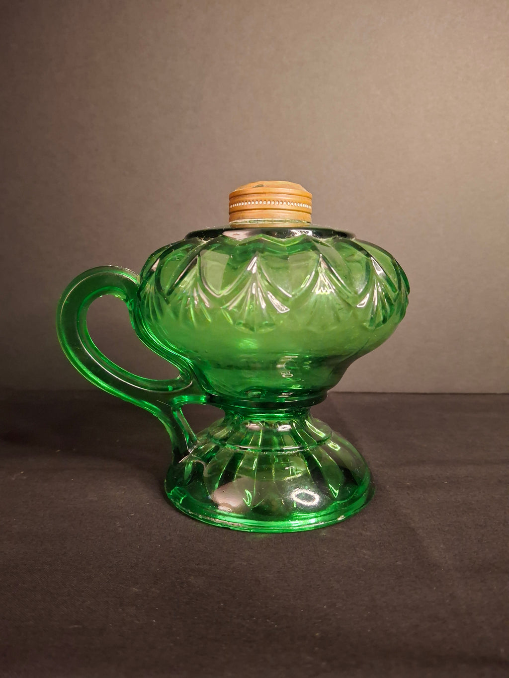 Antique Emerald Green Glass Finger Lamp Victorian Kerosene Oil Feathered Swirl