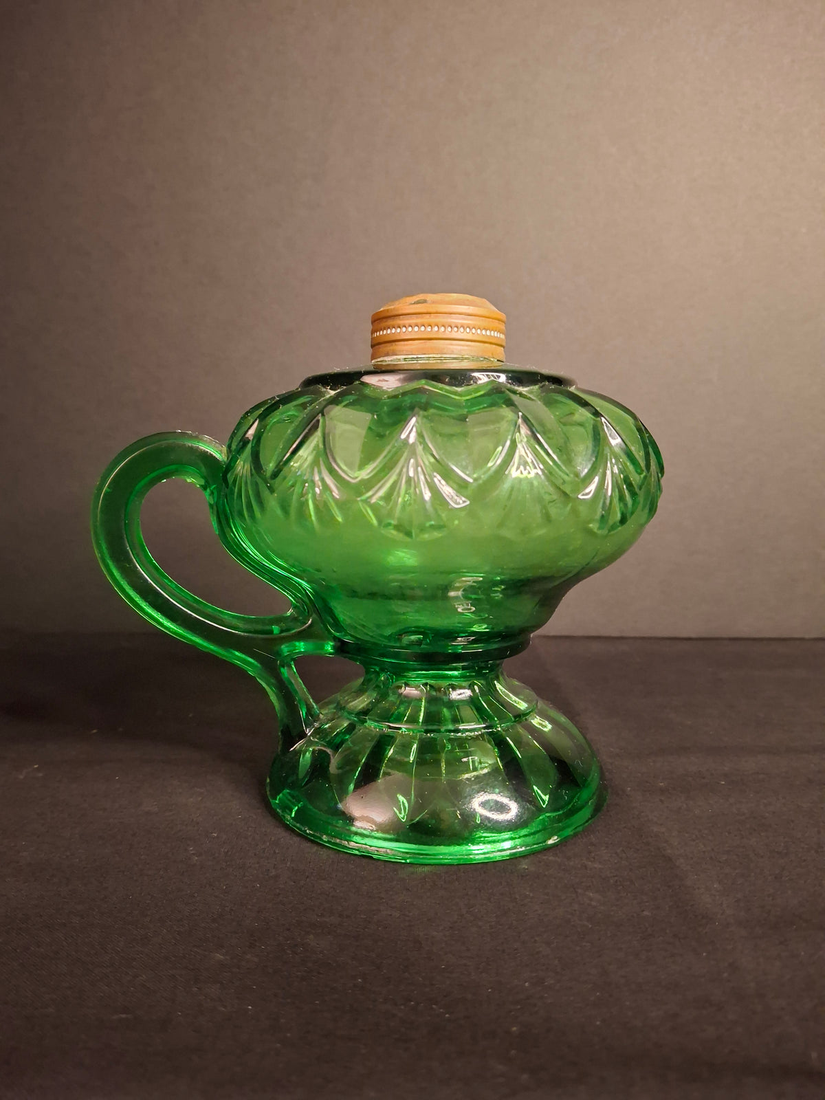 Antique Emerald Green Glass Finger Lamp Victorian Kerosene Oil Feathered Swirl