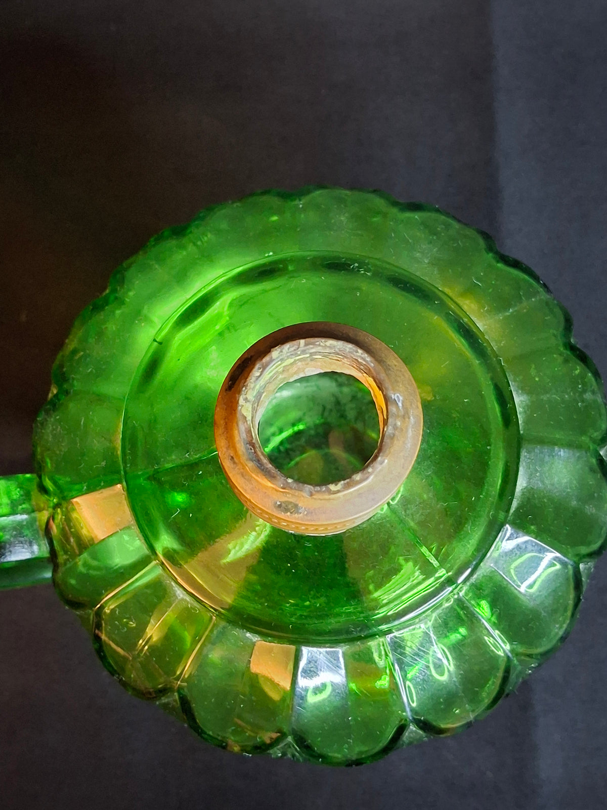 Antique Emerald Green Glass Finger Lamp Victorian Kerosene Oil Feathered Swirl