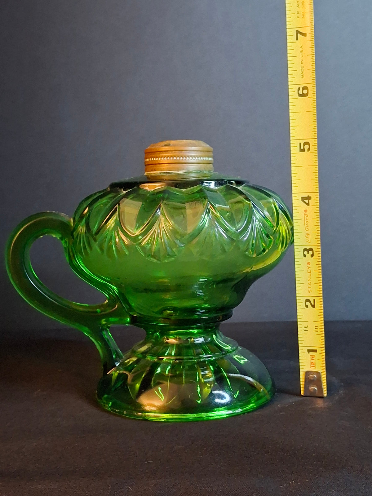 Antique Emerald Green Glass Finger Lamp Victorian Kerosene Oil Feathered Swirl