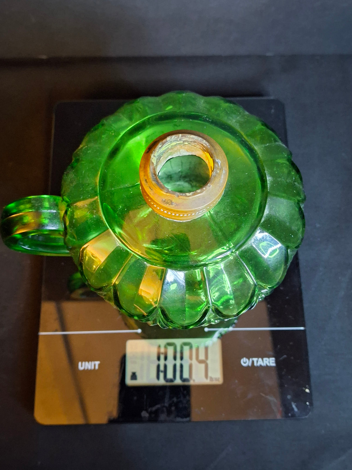 Antique Emerald Green Glass Finger Lamp Victorian Kerosene Oil Feathered Swirl