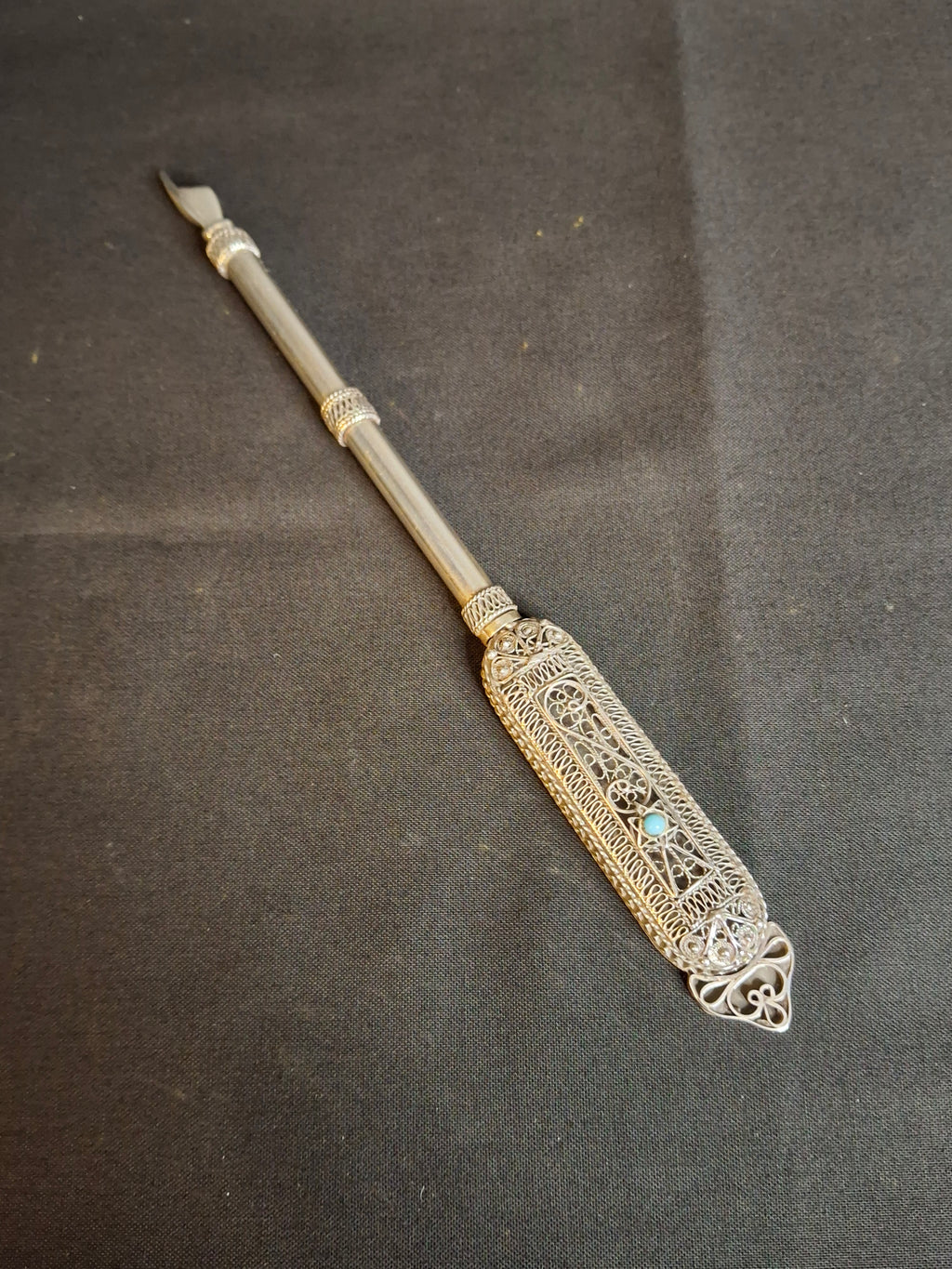 Authentic Antique Bezalel Jerusalem 935 Silver Filigree Turquoise Torah Pointer Yad